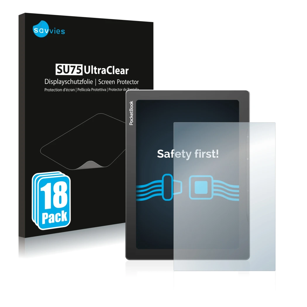 Parte frontal de un envase de producto con el logotipo de la marca Savvies. Al lado se muestra el dispositivo PocketBook InkPa