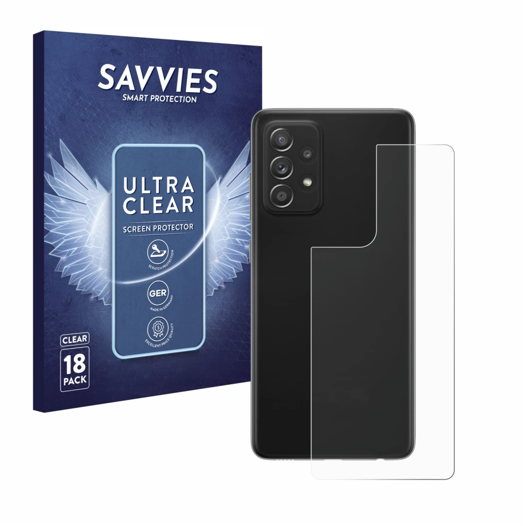 Parte frontal de un envase de producto con el logotipo de la marca Savvies. Al lado se muestra el dispositivo Samsung Galaxy A