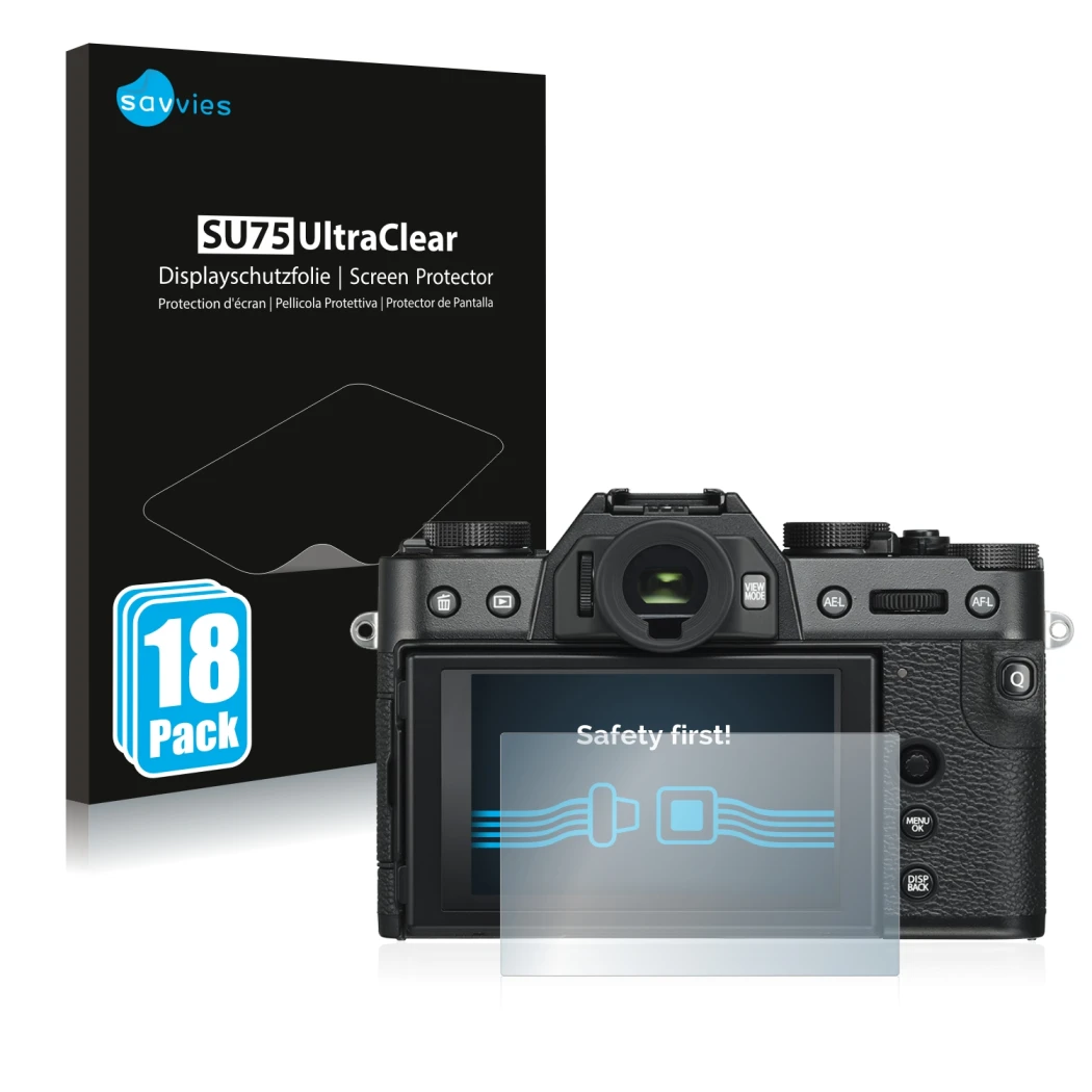 Parte frontal de un envase de producto con el logotipo de la marca Savvies. Al lado se muestra el dispositivo Fujifilm X-T30 l