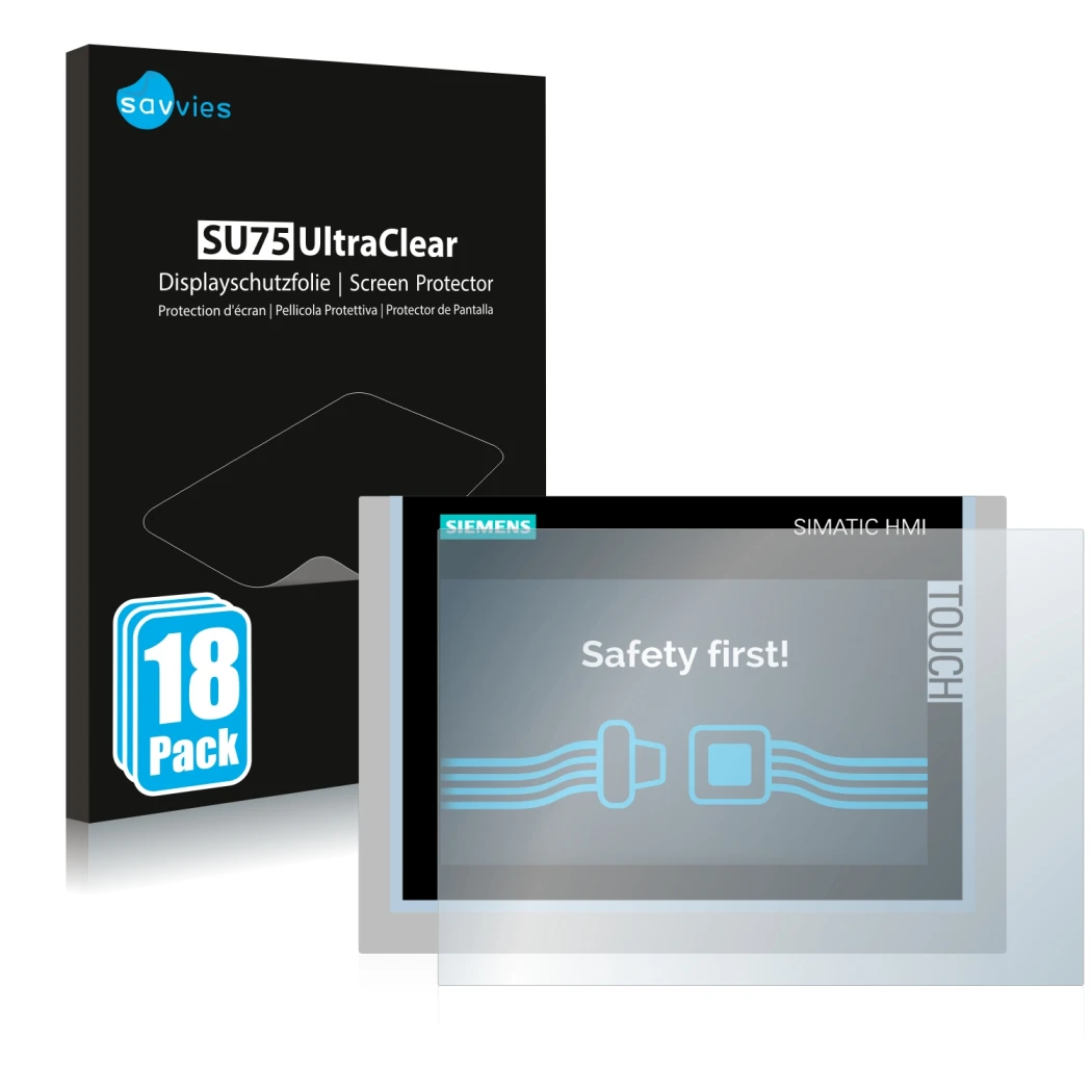 Parte frontal de un envase de producto con el logotipo de la marca Savvies. Al lado se muestra el dispositivo Siemens Simatic 