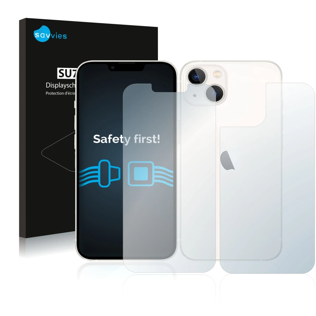 Parte frontal de un envase de producto con el logotipo de la marca Savvies. Al lado se muestra el dispositivo Apple iPhone 13 