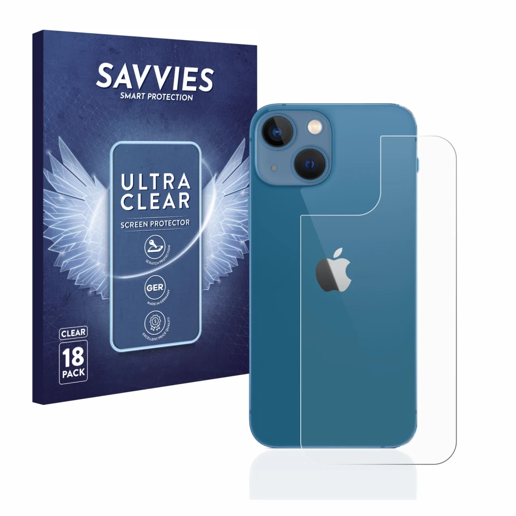 Parte frontal de un envase de producto con el logotipo de la marca Savvies. Al lado se muestra el dispositivo Apple iPhone 13 