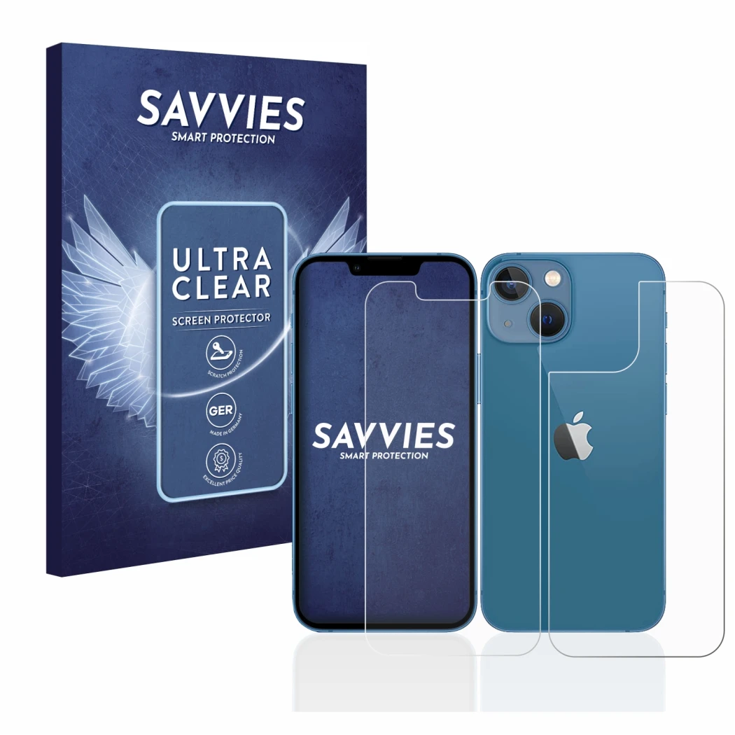 Parte frontal de un envase de producto con el logotipo de la marca Savvies. Al lado se muestra el dispositivo Apple iPhone 13 