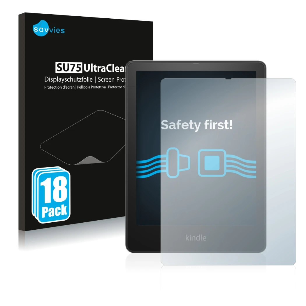 Parte frontal de un envase de producto con el logotipo de la marca Savvies. Al lado se muestra el dispositivo Amazon Kindle Pa