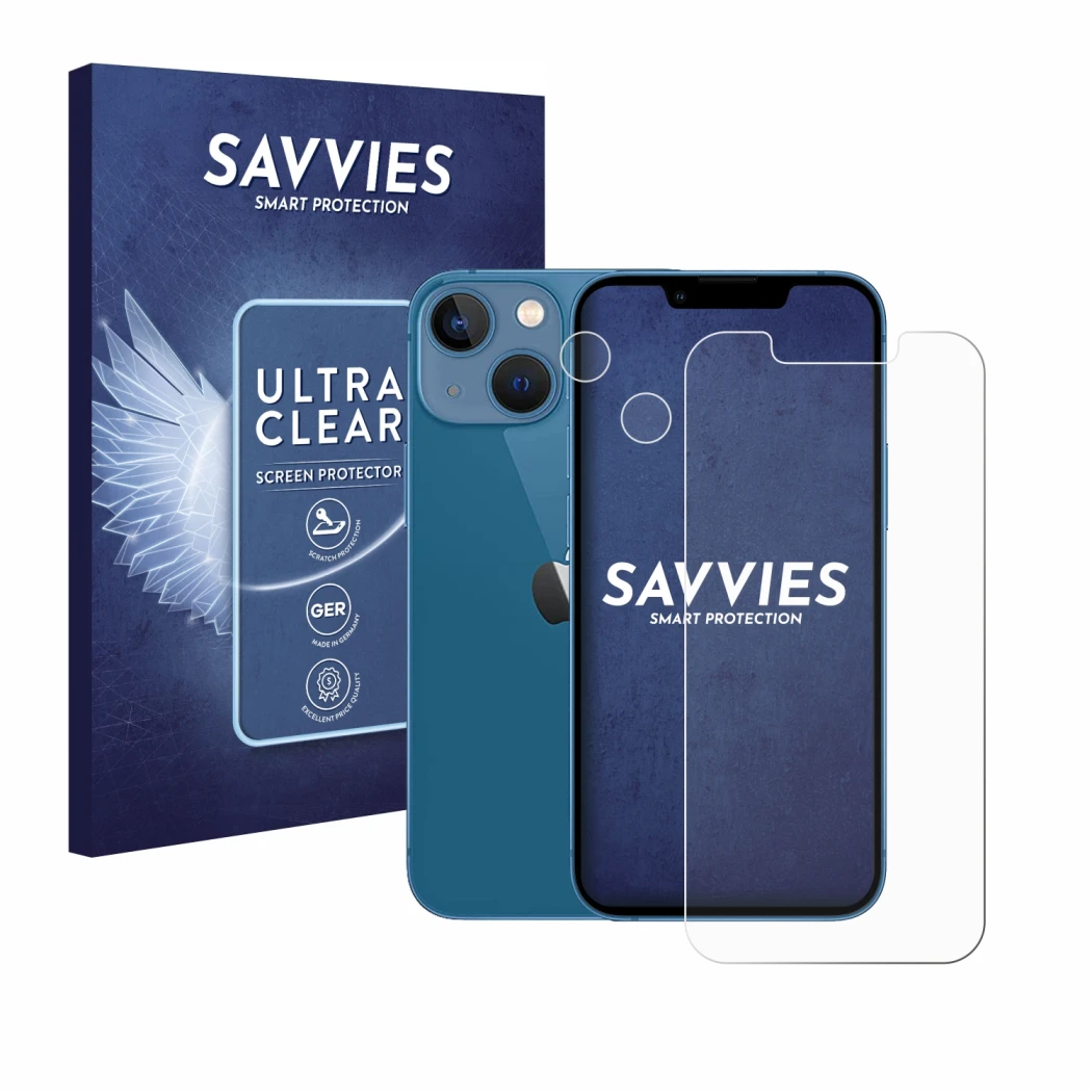 Parte frontal de un envase de producto con el logotipo de la marca Savvies. Al lado se muestra el dispositivo Apple iPhone 13 