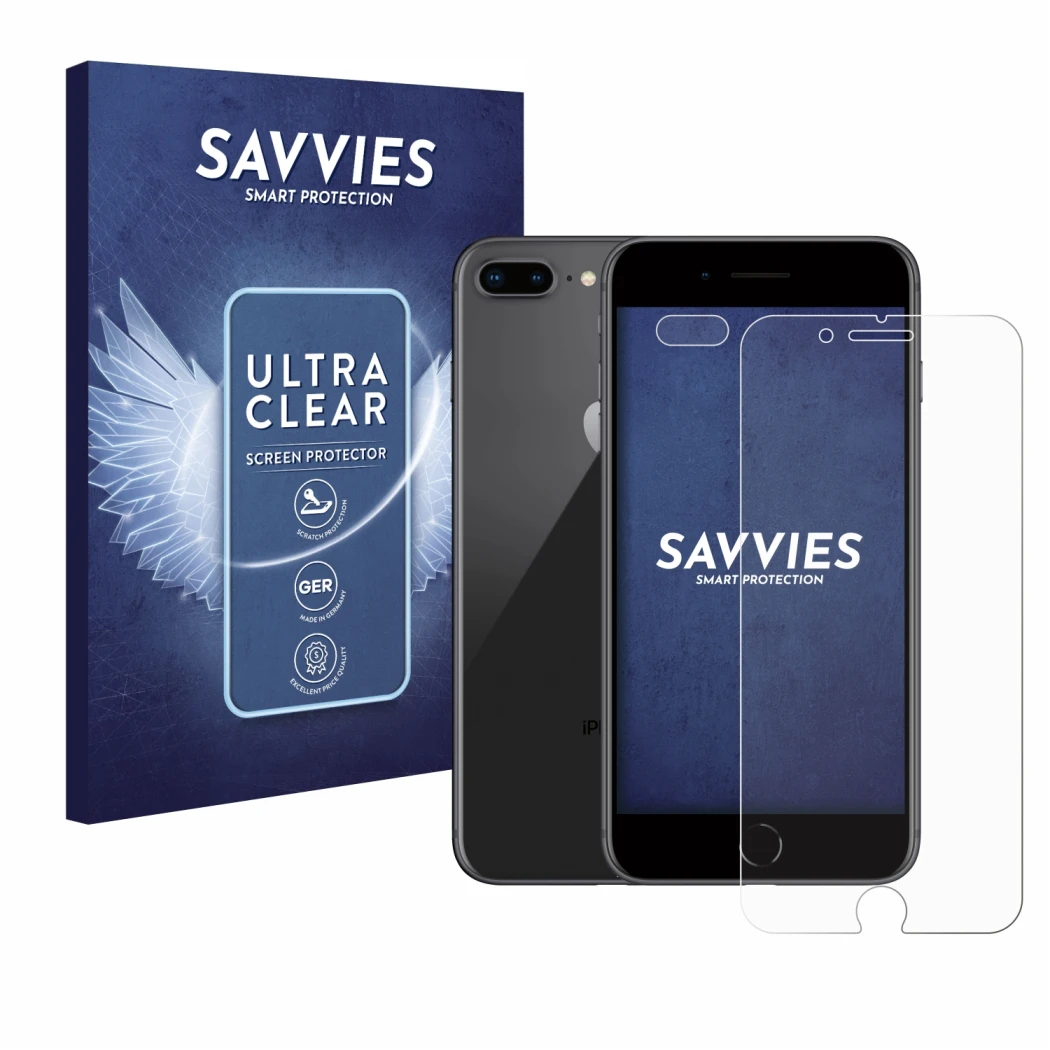 Parte frontal de un envase de producto con el logotipo de la marca Savvies. Al lado se muestra el dispositivo Apple iPhone 8 P