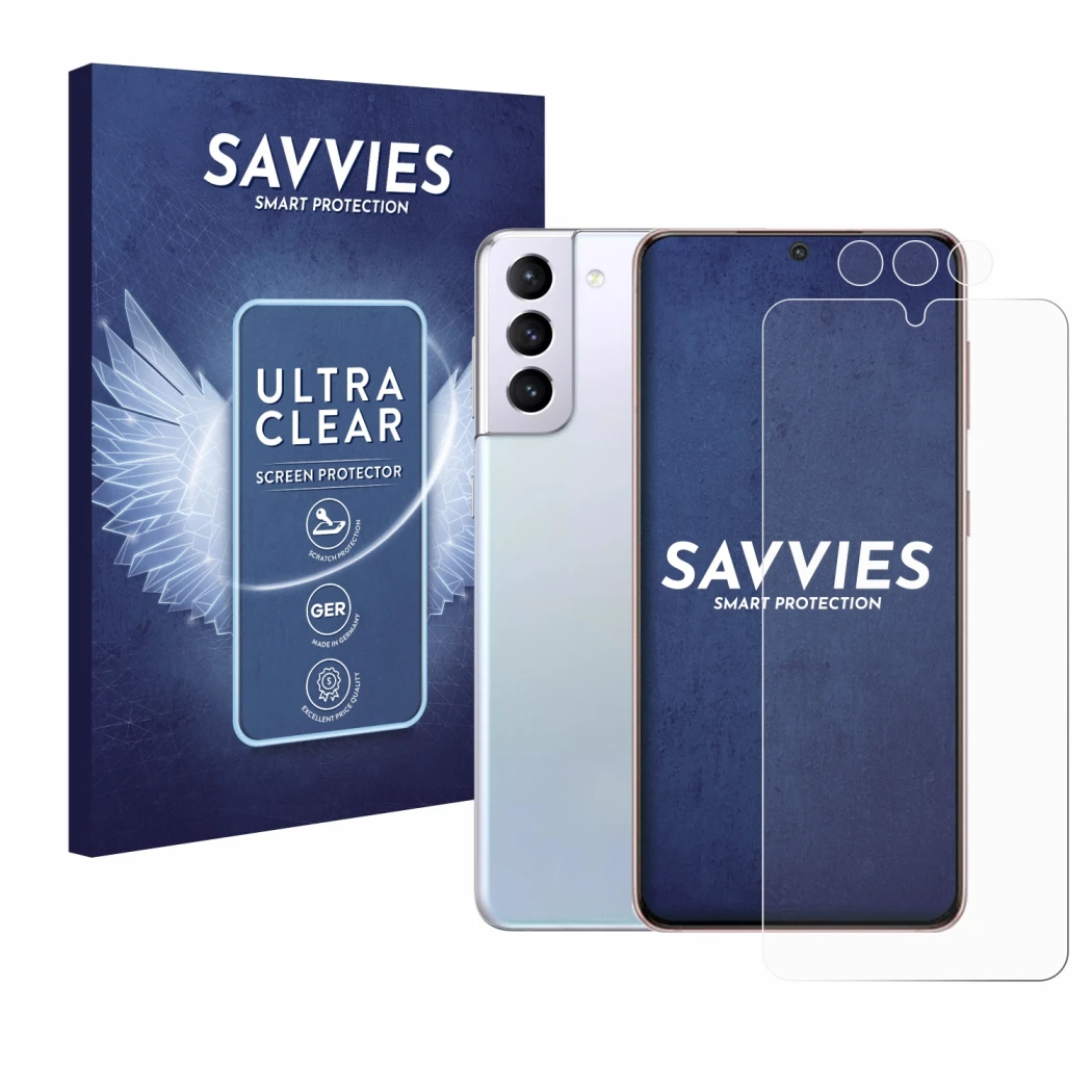 Parte frontal de un envase de producto con el logotipo de la marca Savvies. Al lado se muestra el dispositivo Samsung Galaxy S
