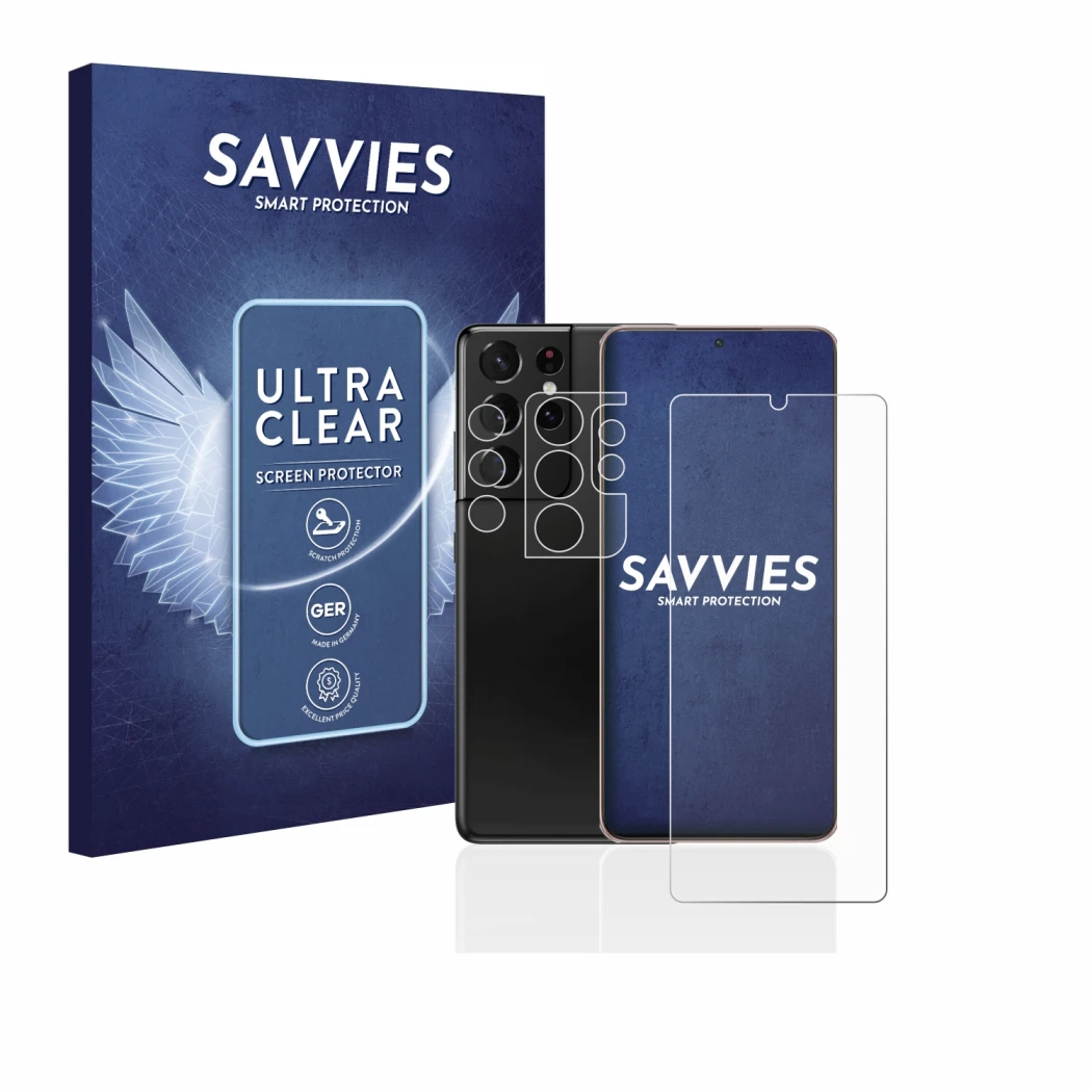 Parte frontal de un envase de producto con el logotipo de la marca Savvies. Al lado se muestra el dispositivo Samsung Galaxy S