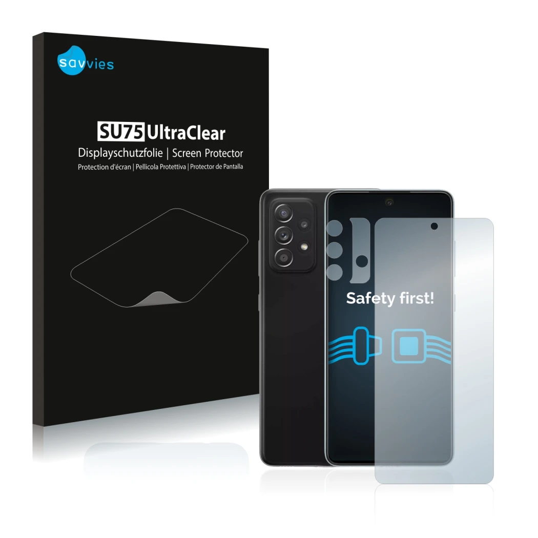 Parte frontal de un envase de producto con el logotipo de la marca Savvies. Al lado se muestra el dispositivo Samsung Galaxy A