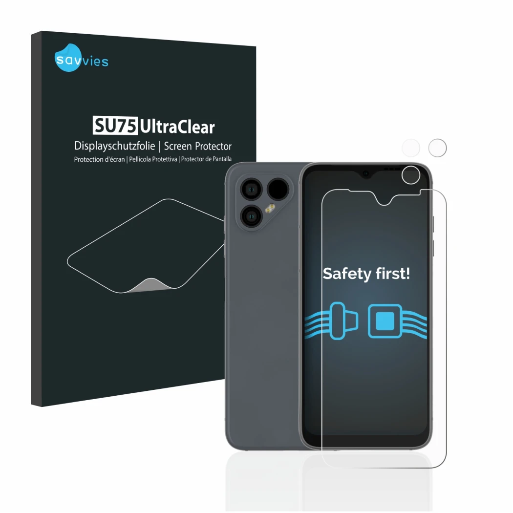 Parte frontal de un envase de producto con el logotipo de la marca Savvies. Al lado se muestra el dispositivo Fairphone 4 (Fro