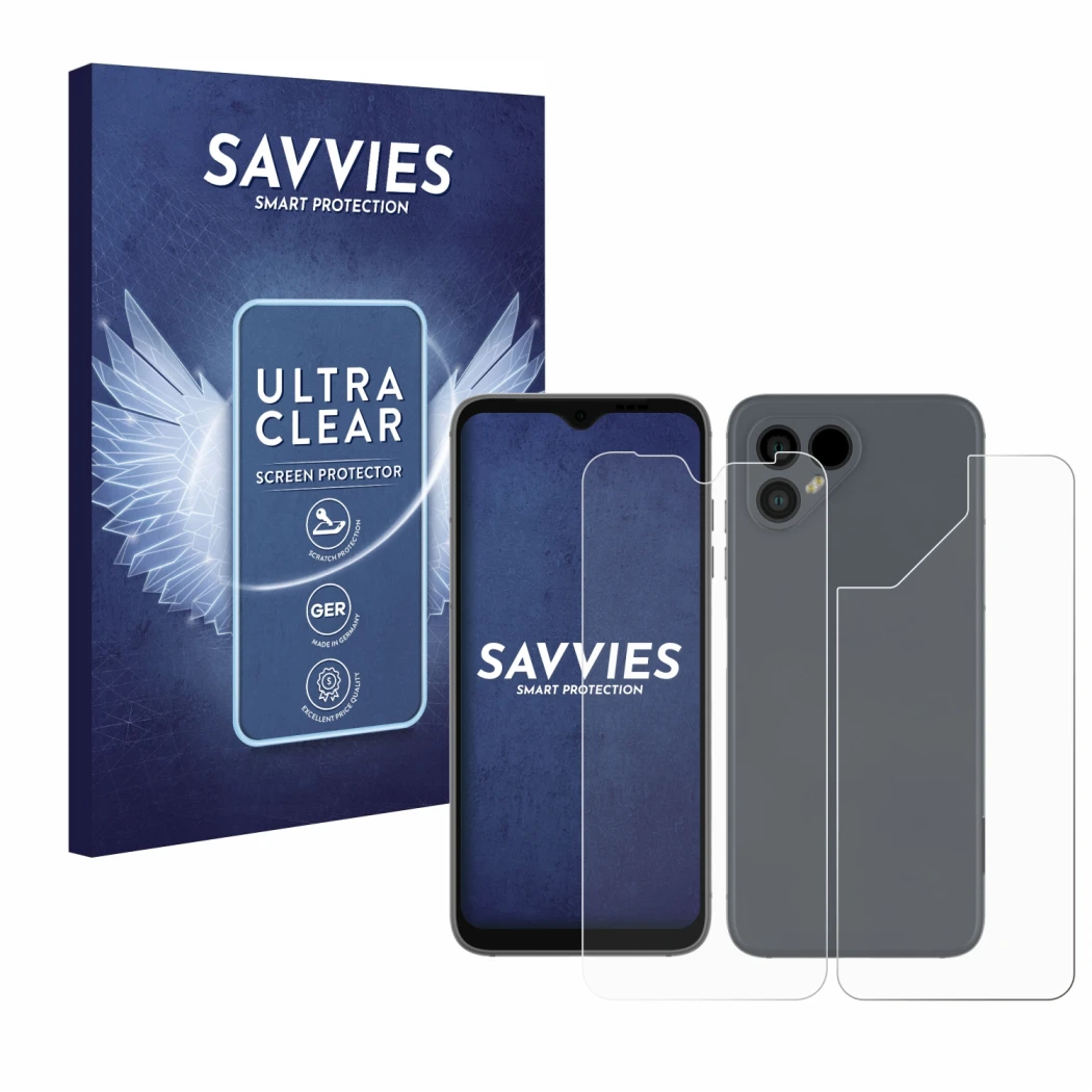 Parte frontal de un envase de producto con el logotipo de la marca Savvies. Al lado se muestra el dispositivo Fairphone 4 (Fro