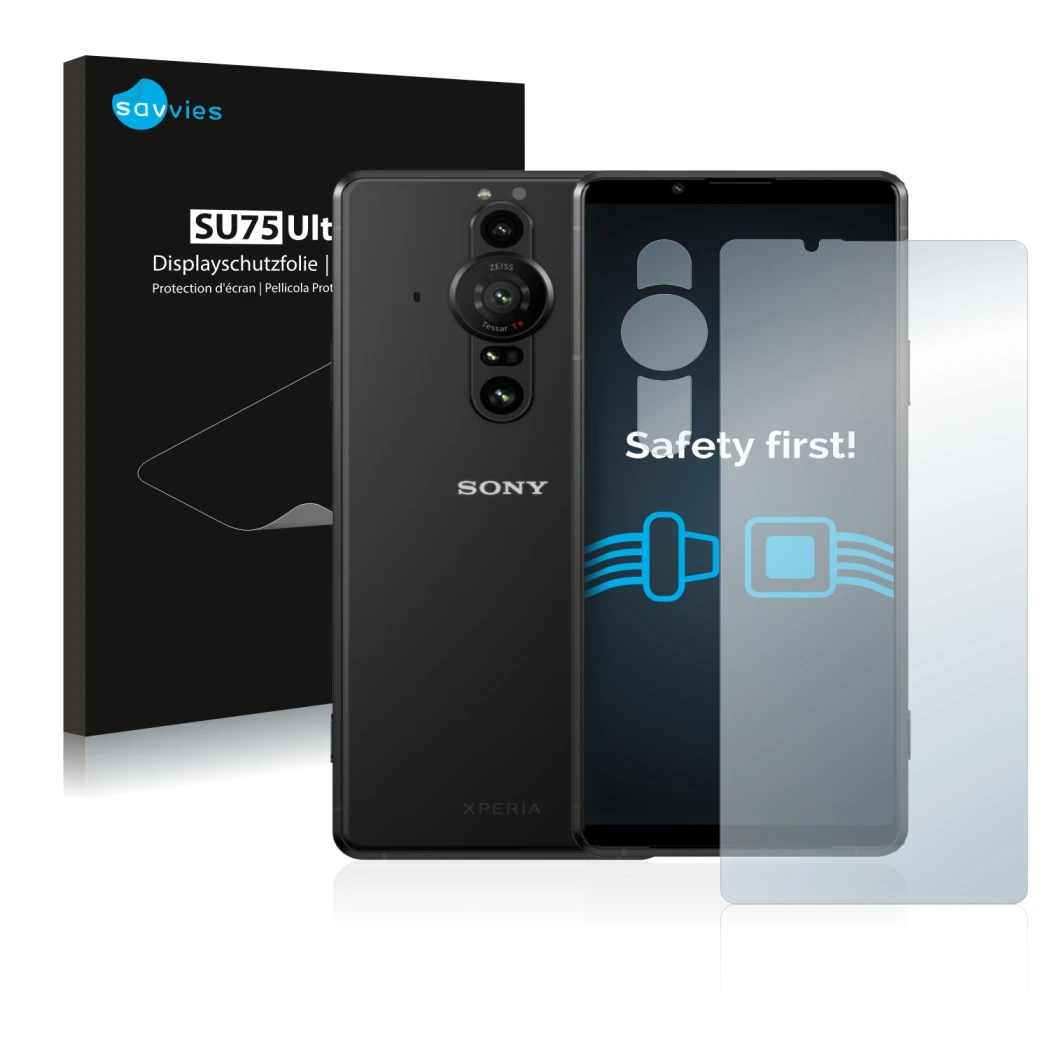 Parte frontal de un envase de producto con el logotipo de la marca Savvies. Al lado se muestra el dispositivo Sony Xperia Pro-