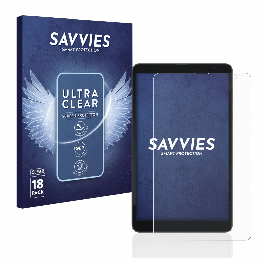 Parte frontal de un envase de producto con el logotipo de la marca Savvies. Al lado se muestra el dispositivo Blackview Tab 6 