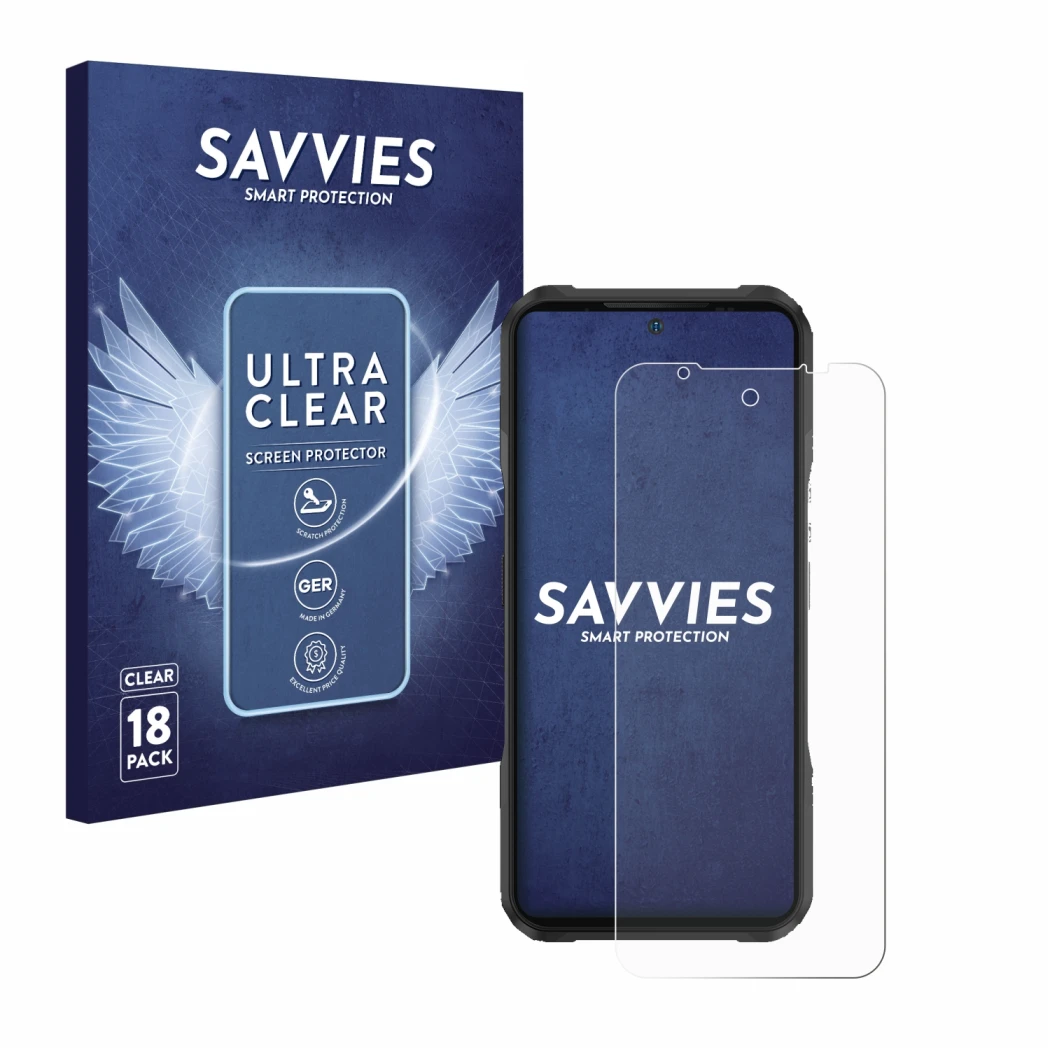Parte frontal de un envase de producto con el logotipo de la marca Savvies. Al lado se muestra el dispositivo Doogee V20 con s