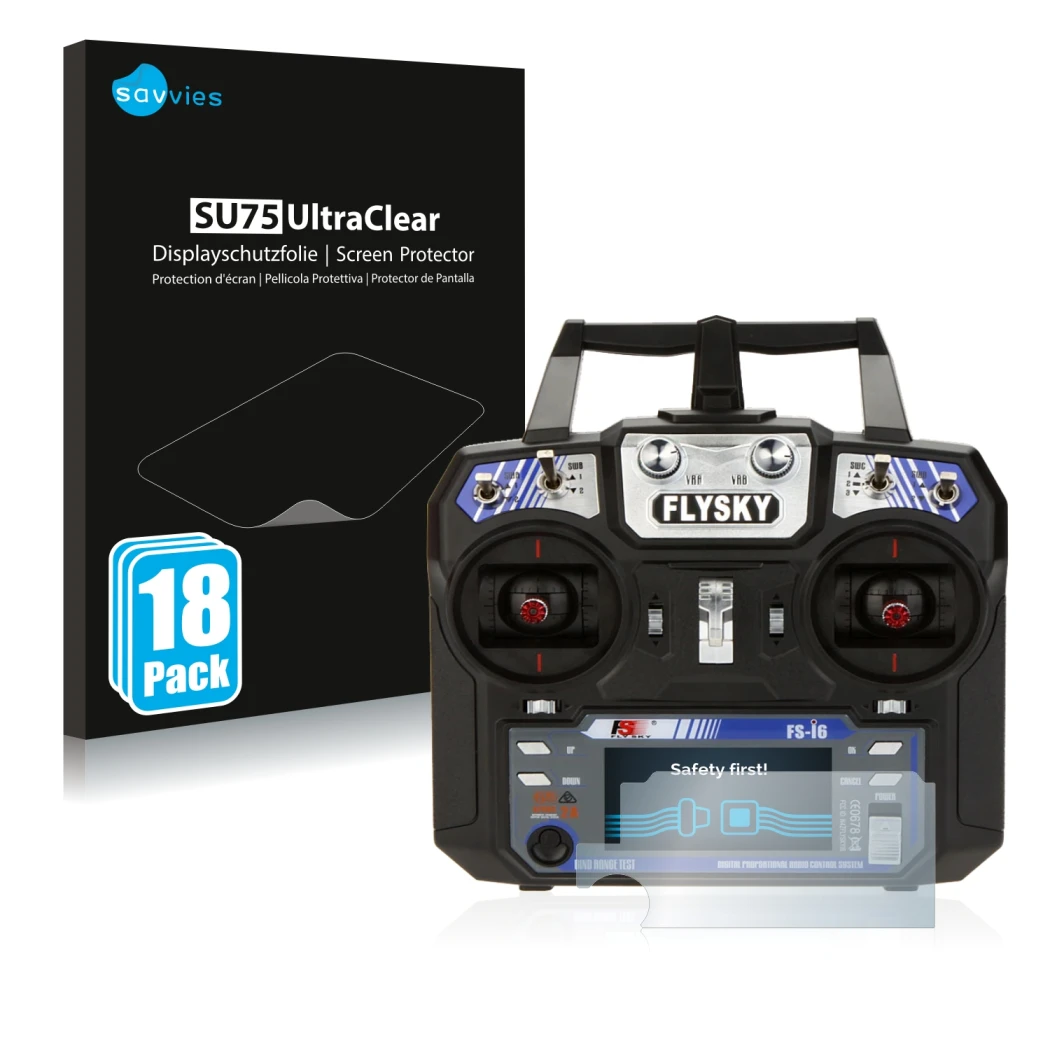 Parte frontal de un envase de producto con el logotipo de la marca Savvies. Al lado se muestra el dispositivo FlySky FS-i6 con