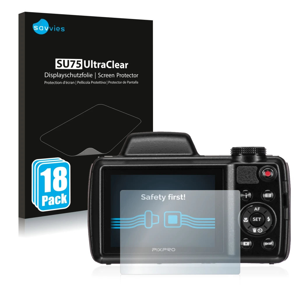 Parte frontal de un envase de producto con el logotipo de la marca Savvies. Al lado se muestra el dispositivo Kodak Pixpro AZ5