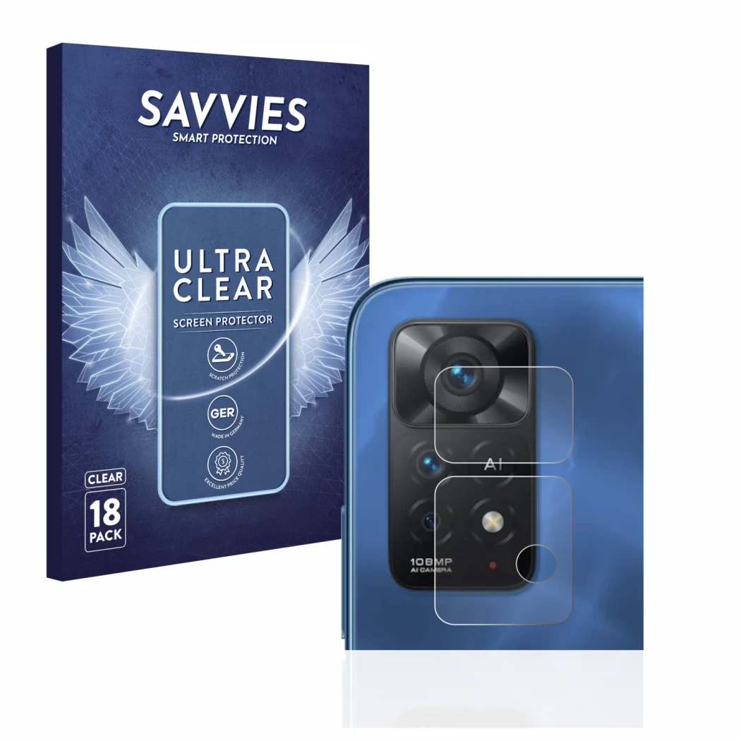 Parte frontal de un envase de producto con el logotipo de la marca Savvies. Al lado se muestra el dispositivo Xiaomi Redmi Not