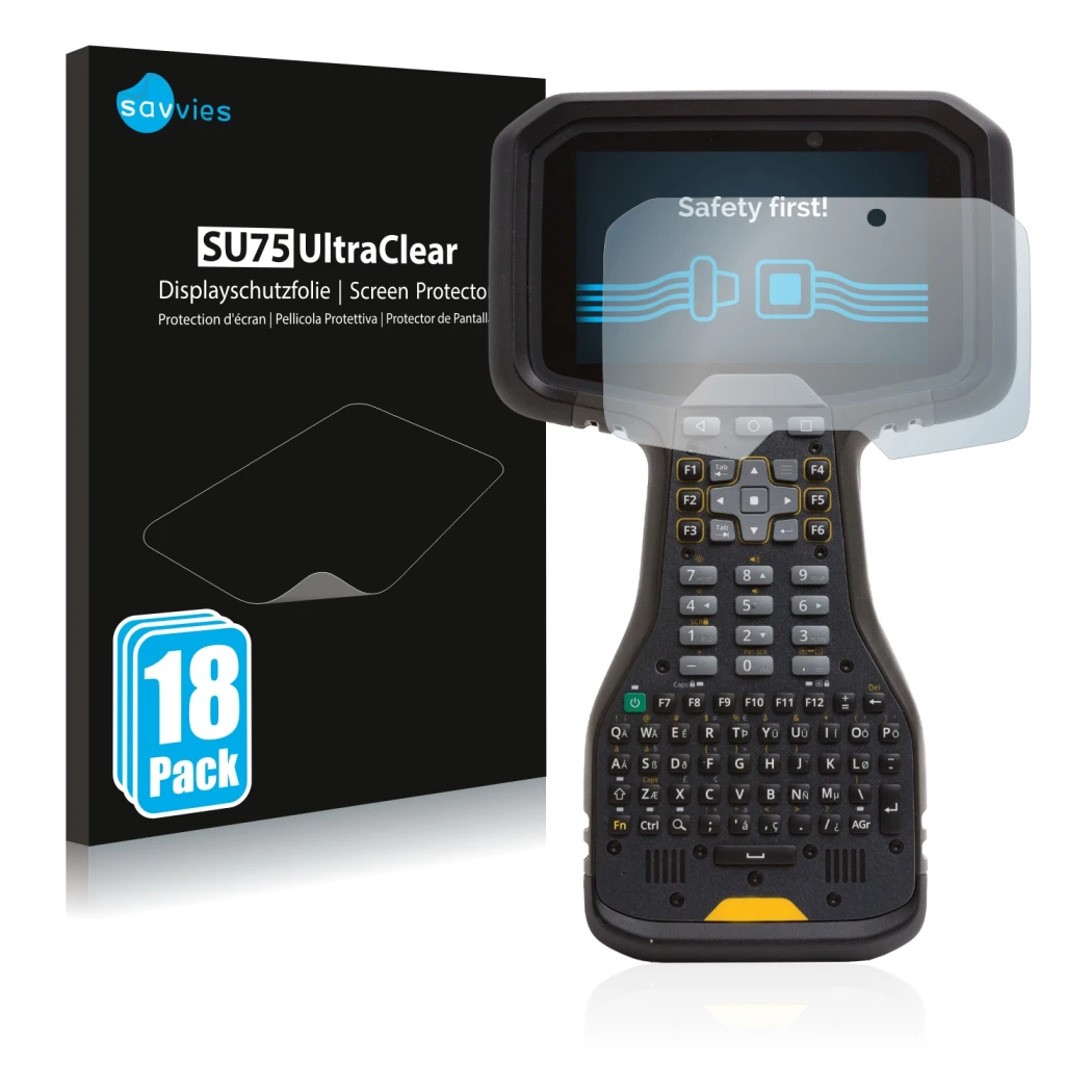 Parte frontal de un envase de producto con el logotipo de la marca Savvies. Al lado se muestra el dispositivo Trimble TSC5 con