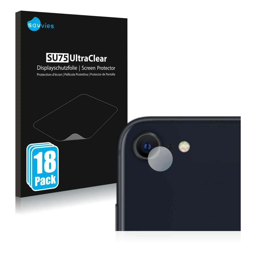 Parte frontal de un envase de producto con el logotipo de la marca Savvies. Al lado se muestra el dispositivo Apple iPhone SE 