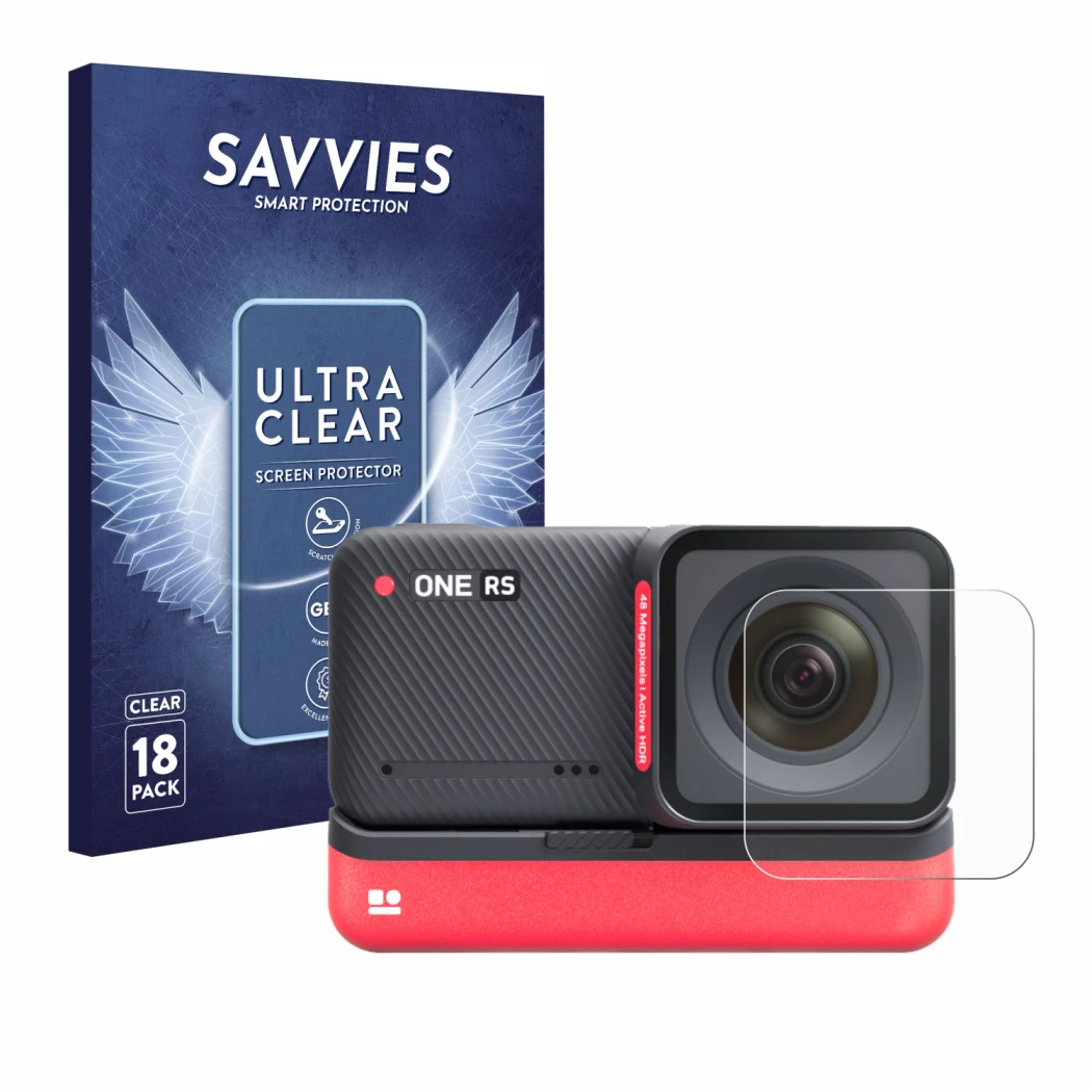 Parte frontal de un envase de producto con el logotipo de la marca Savvies. Al lado se muestra el dispositivo Insta360 One RS 