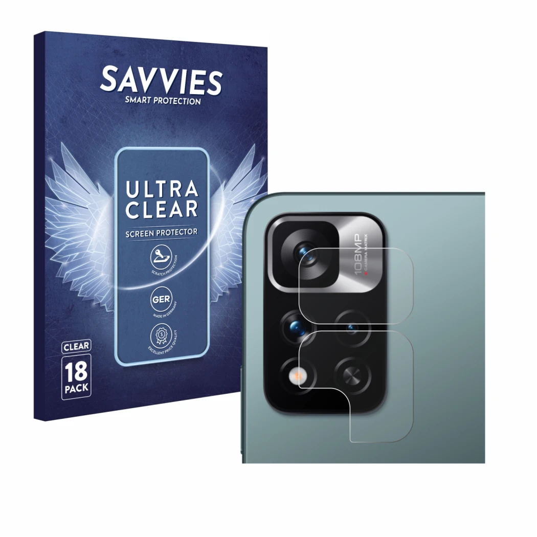 Parte frontal de un envase de producto con el logotipo de la marca Savvies. Al lado se muestra el dispositivo Xiaomi Redmi Not