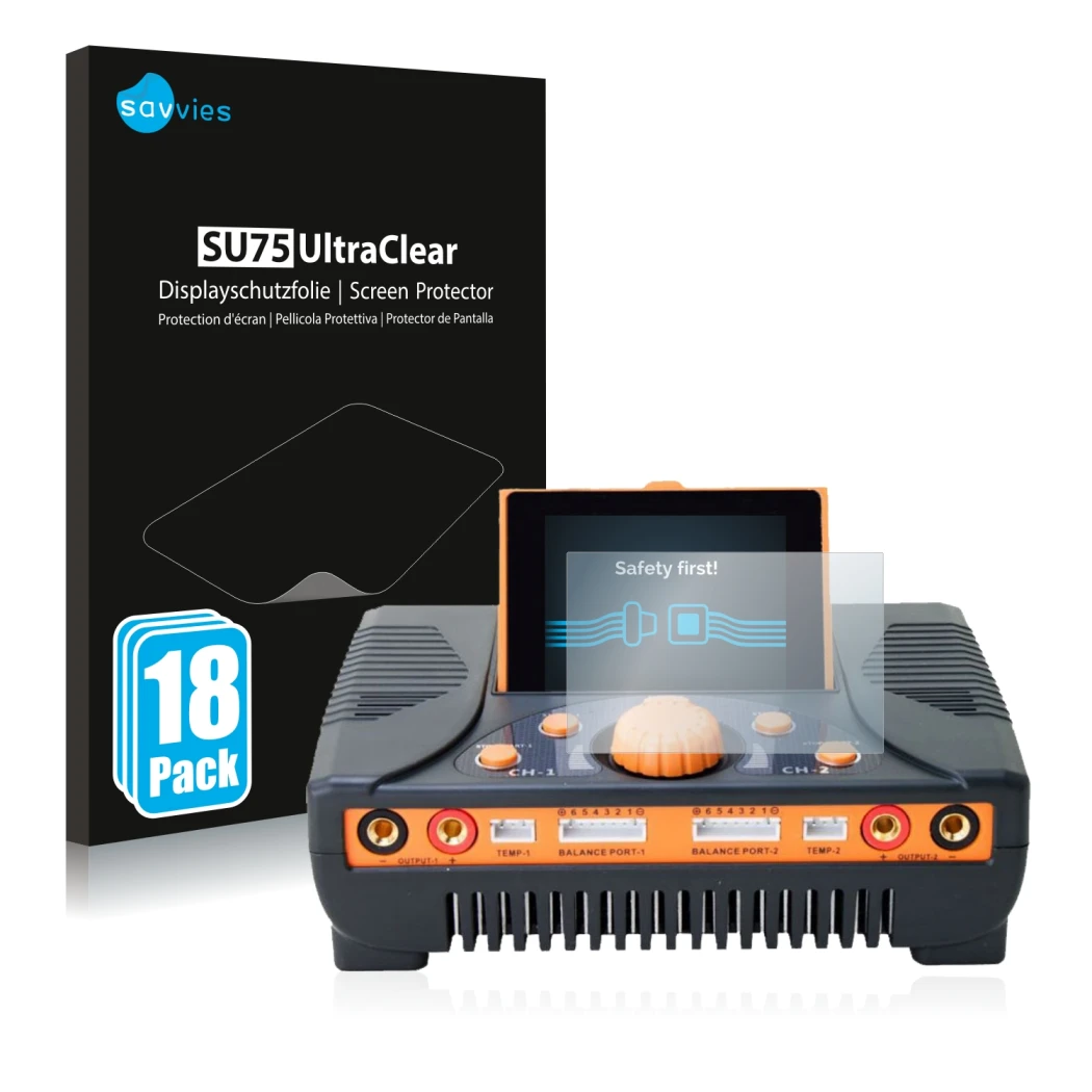 Parte frontal de un envase de producto con el logotipo de la marca Savvies. Al lado se muestra el dispositivo Junsi iCharger 4