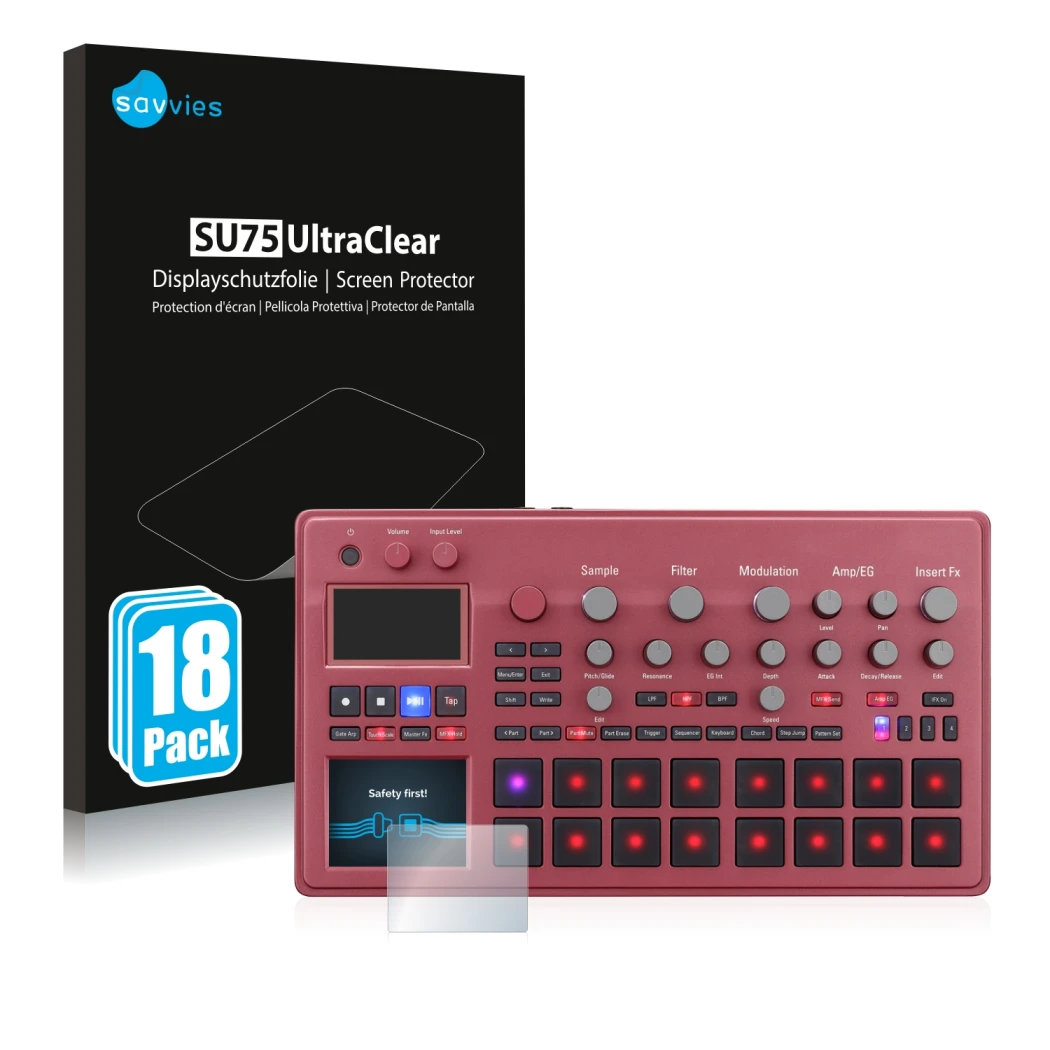 Parte frontal de un envase de producto con el logotipo de la marca Savvies. Al lado se muestra el dispositivo KORG electribe S