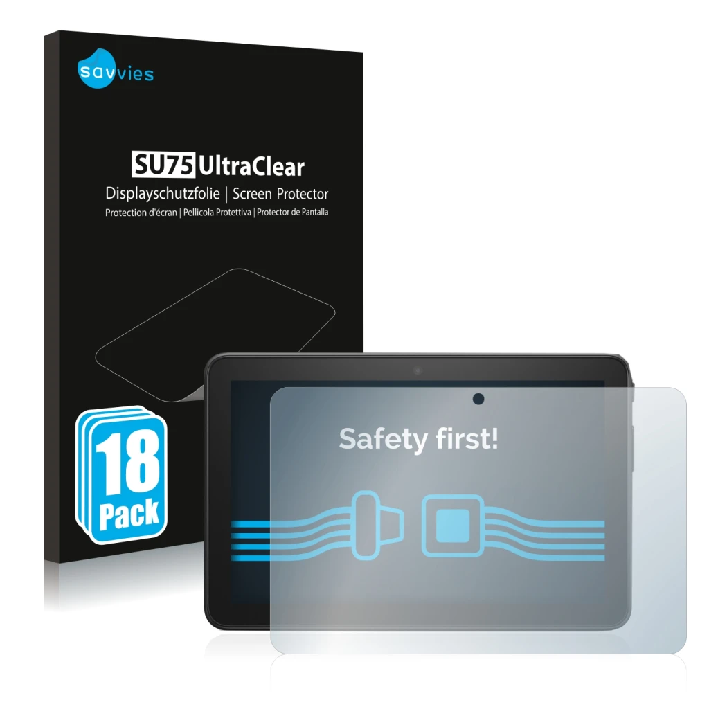 Parte frontal de un envase de producto con el logotipo de la marca Savvies. Al lado se muestra el dispositivo Amazon Fire 7 20