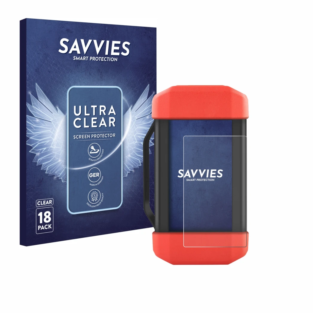Parte frontal de un envase de producto con el logotipo de la marca Savvies. Al lado se muestra el dispositivo Launch SRDs Smar