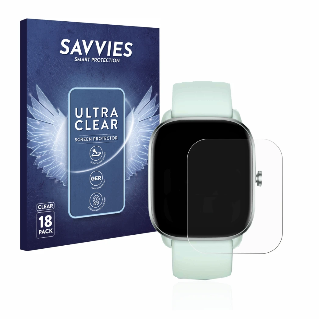 Parte frontal de un envase de producto con el logotipo de la marca Savvies. Al lado se muestra el dispositivo Huami Amazfit GT