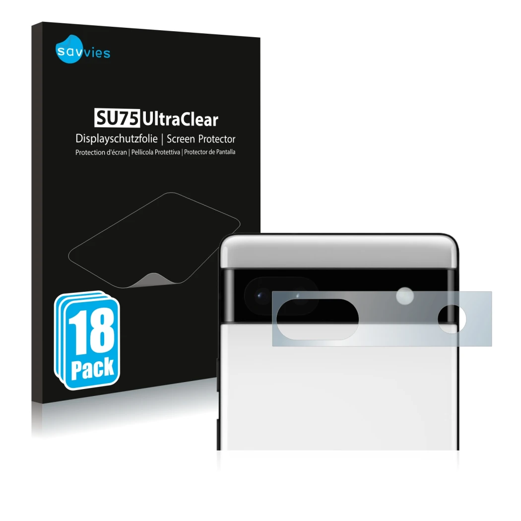 Parte frontal de un envase de producto con el logotipo de la marca Savvies. Al lado se muestra el dispositivo Google Pixel 6a 