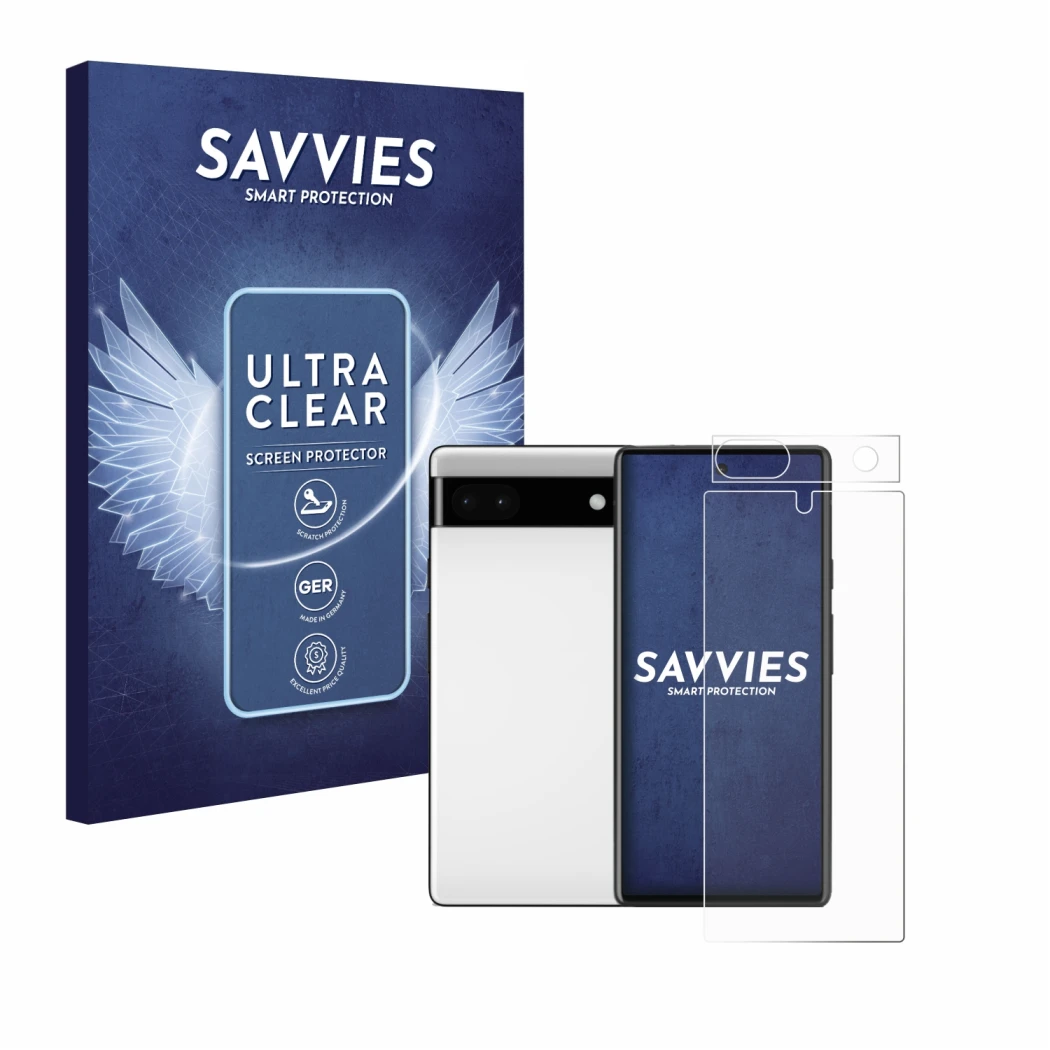 Parte frontal de un envase de producto con el logotipo de la marca Savvies. Al lado se muestra el dispositivo Google Pixel 6a 