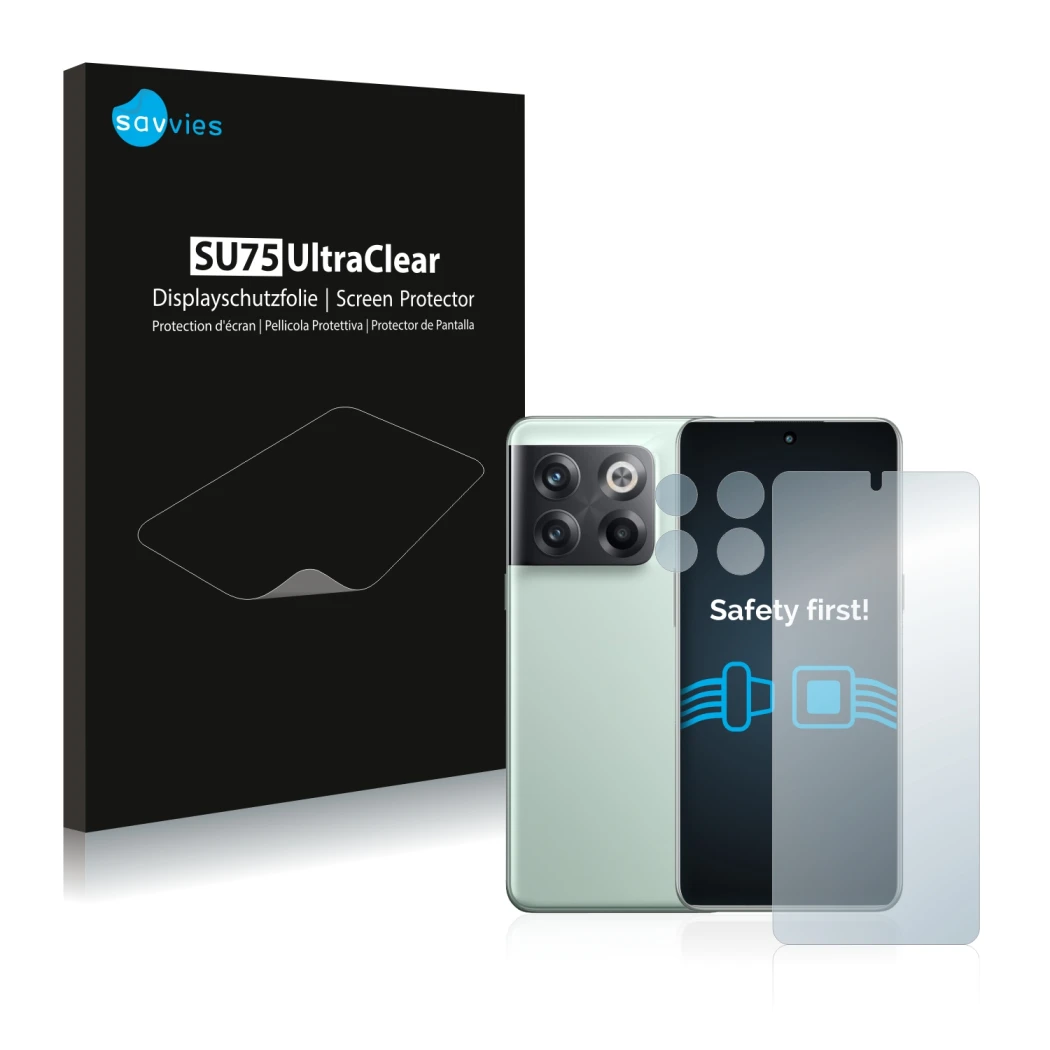 Parte frontal de un envase de producto con el logotipo de la marca Savvies. Al lado se muestra el dispositivo OnePlus 10T 5G (