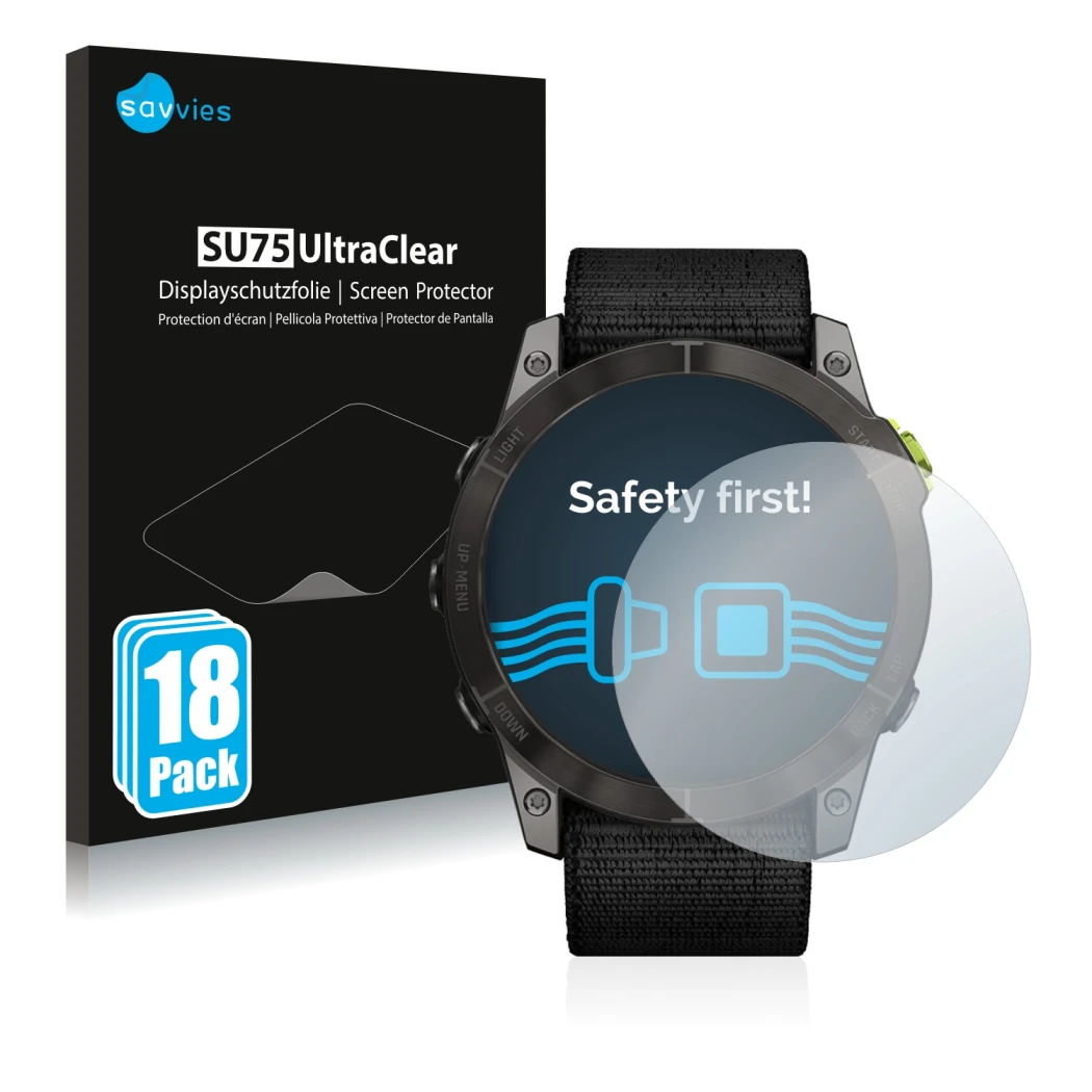 Parte frontal de un envase de producto con el logotipo de la marca Savvies. Al lado se muestra el dispositivo Garmin Enduro 2 