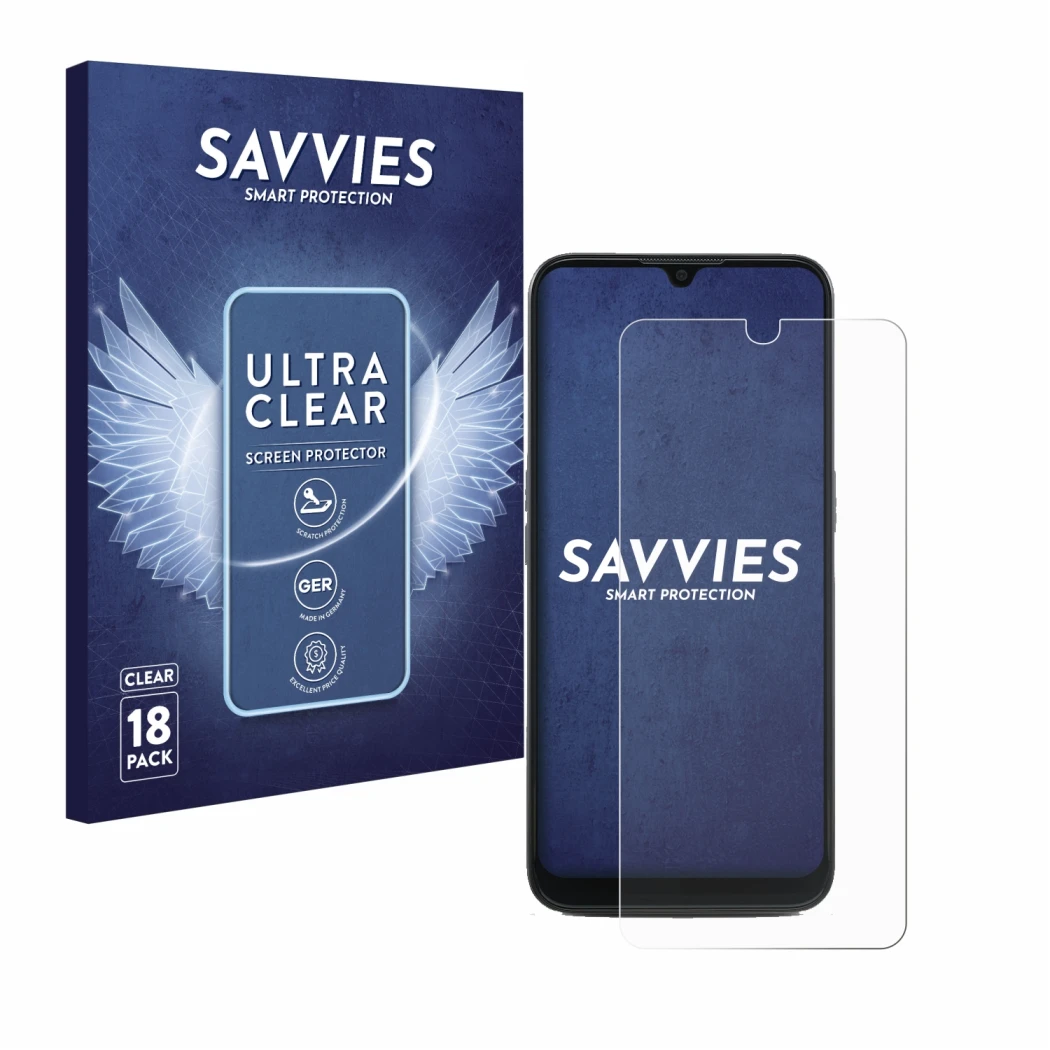 Parte frontal de un envase de producto con el logotipo de la marca Savvies. Al lado se muestra el dispositivo Doro 8100 con su