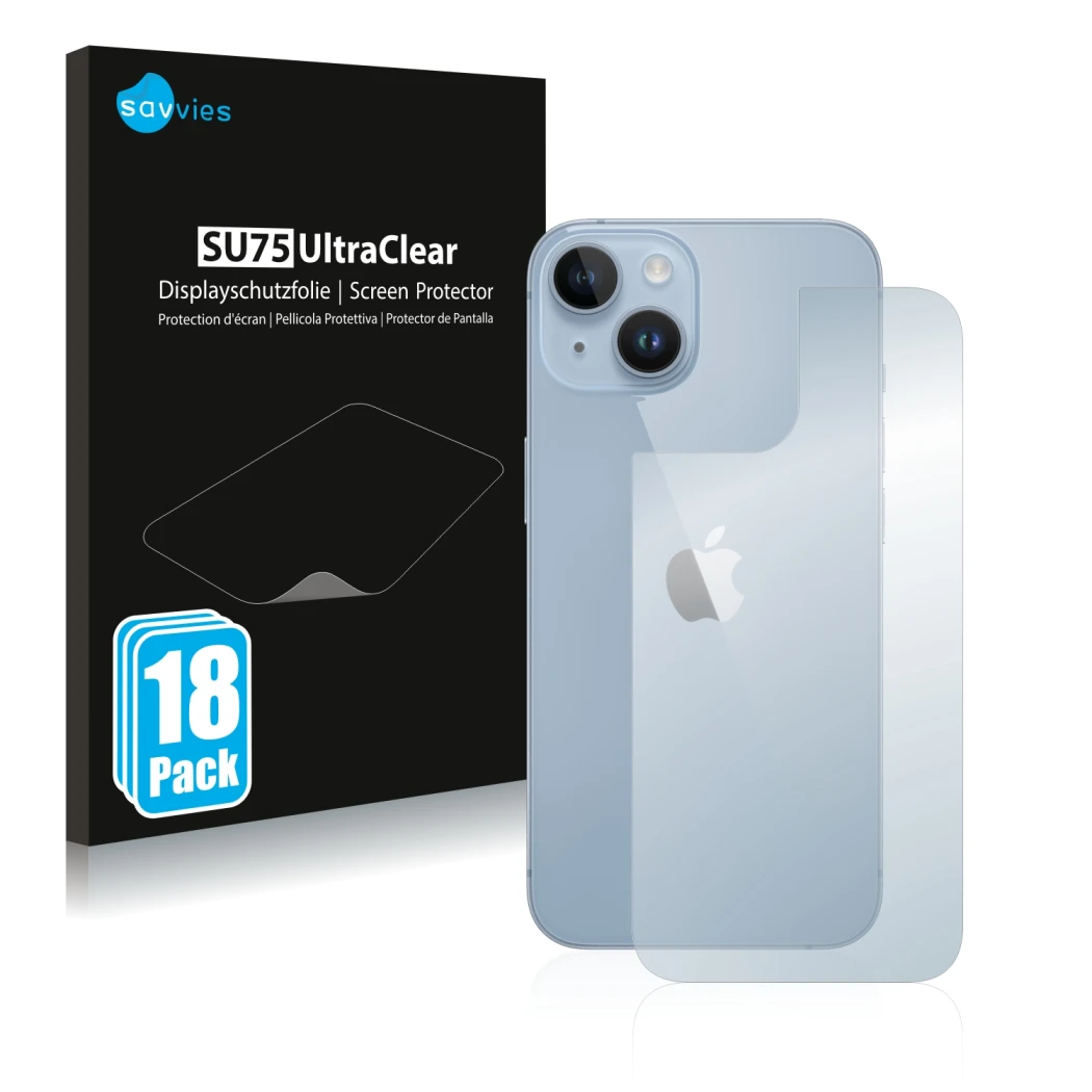 Parte frontal de un envase de producto con el logotipo de la marca Savvies. Al lado se muestra el dispositivo Apple iPhone 14 