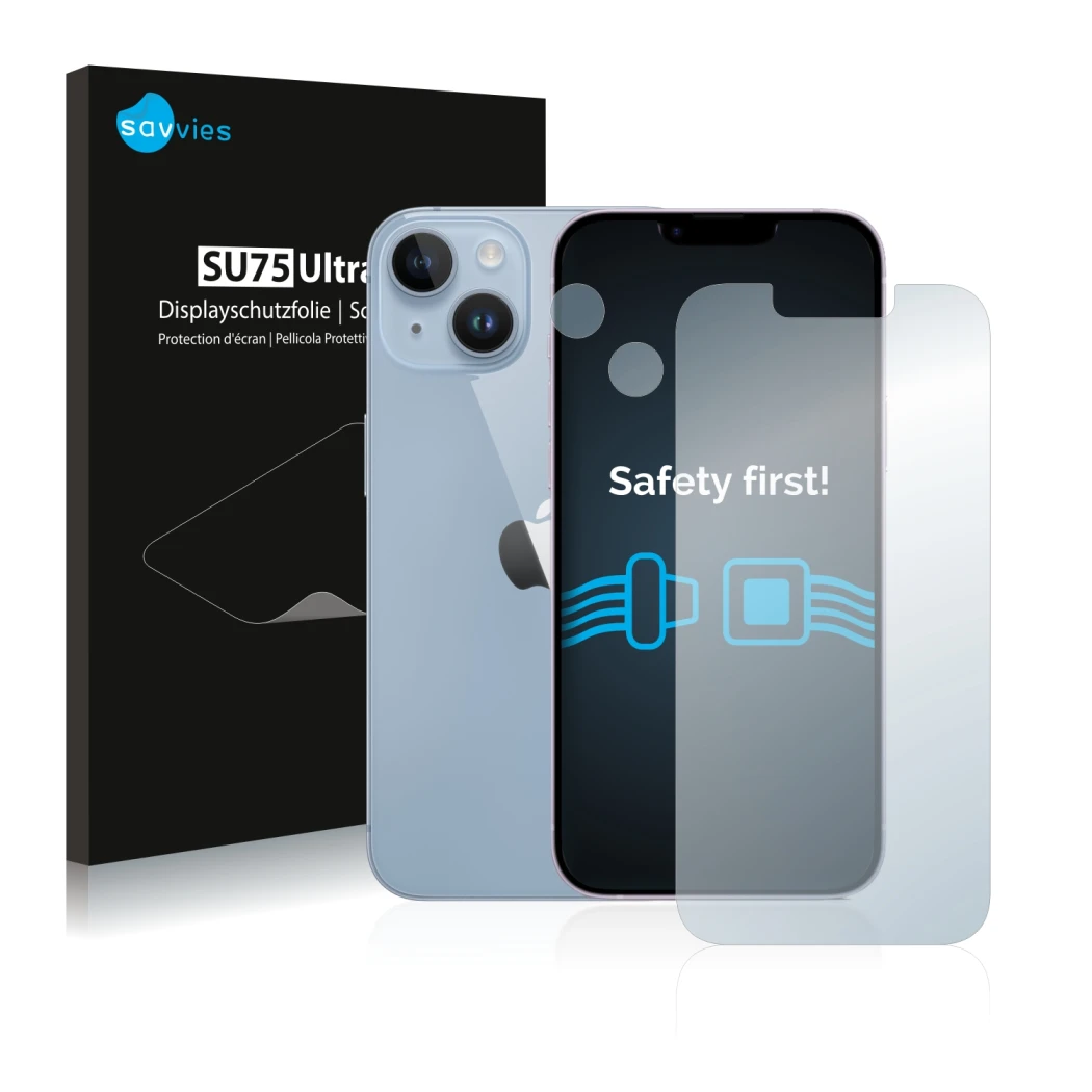 Parte frontal de un envase de producto con el logotipo de la marca Savvies. Al lado se muestra el dispositivo Apple iPhone 14 