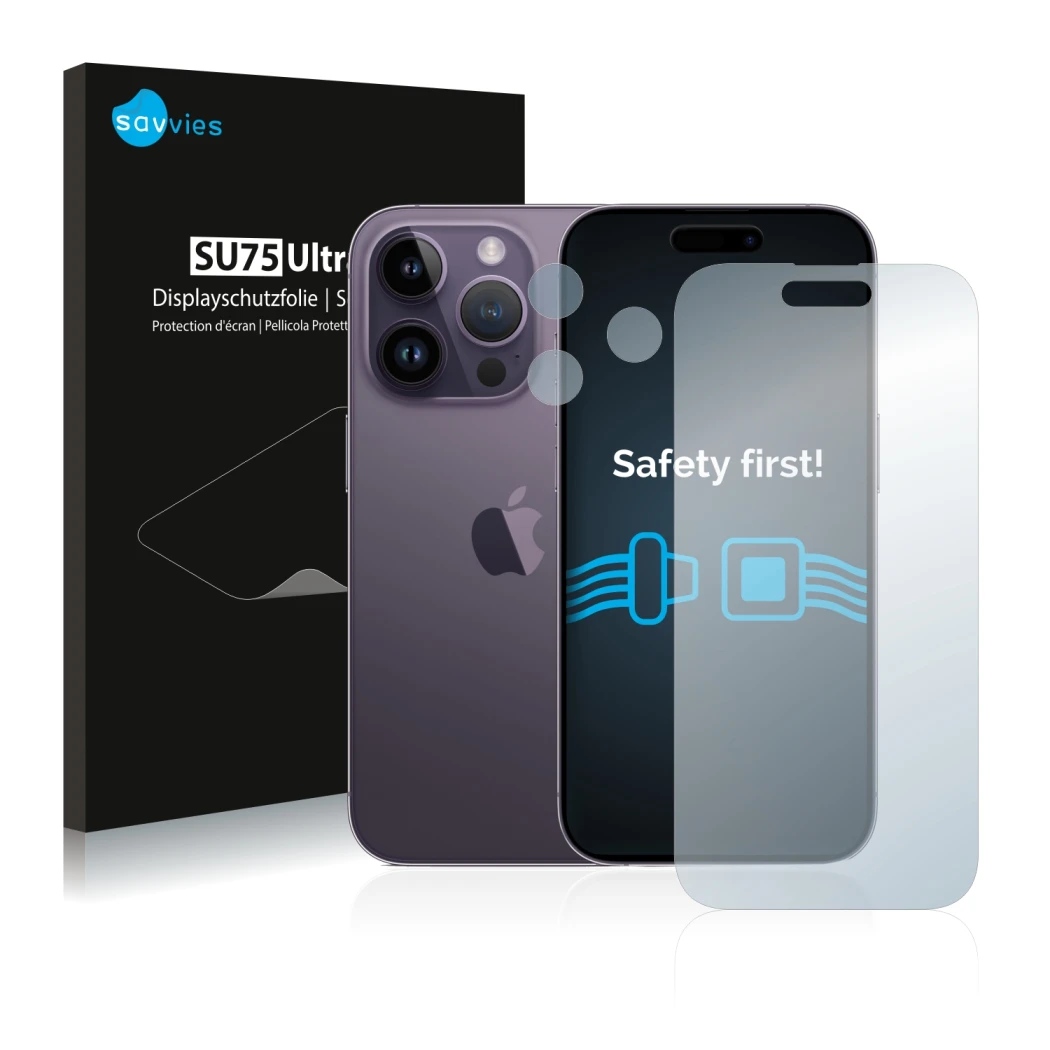 Parte frontal de un envase de producto con el logotipo de la marca Savvies. Al lado se muestra el dispositivo Apple iPhone 14 