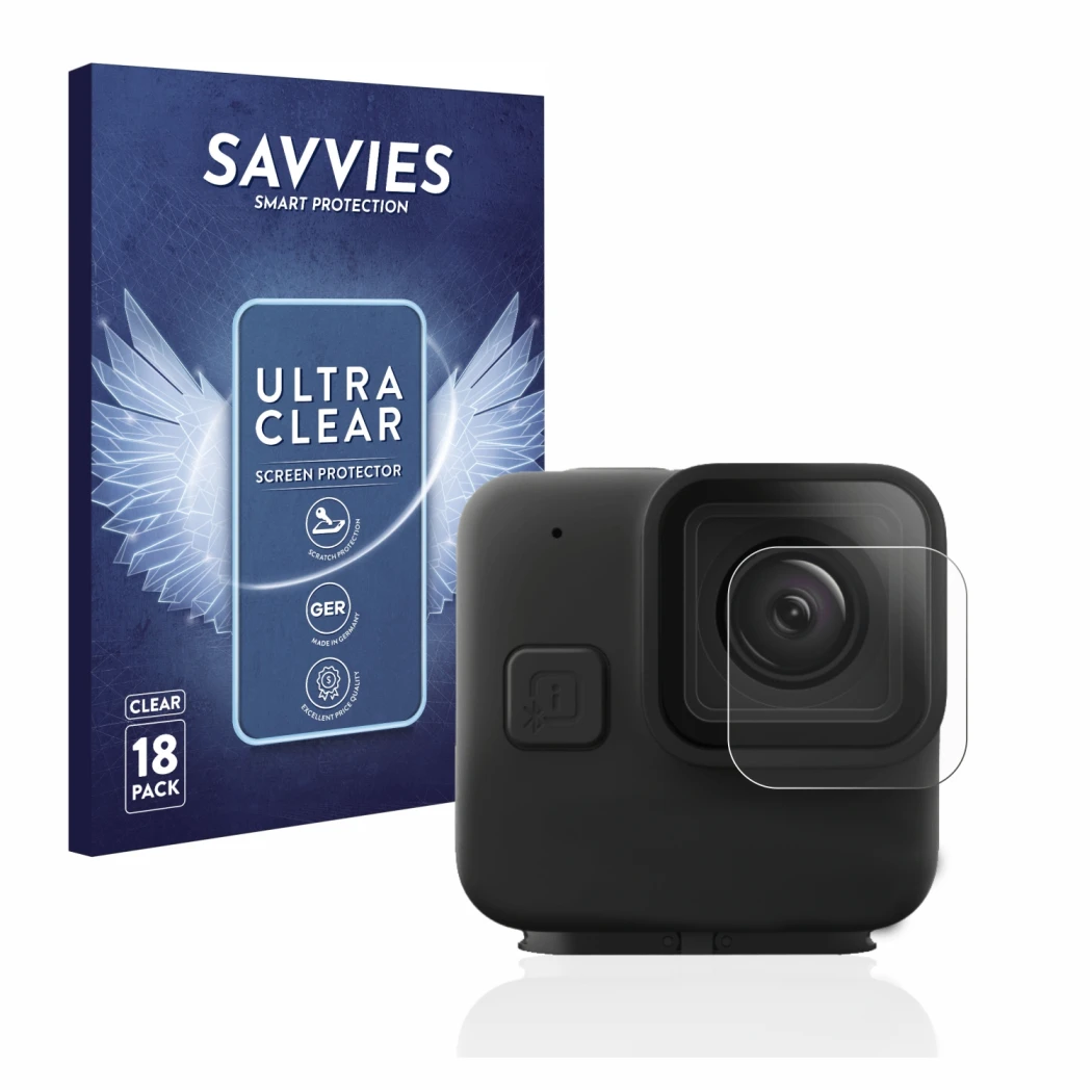 Parte frontal de un envase de producto con el logotipo de la marca Savvies. Al lado se muestra el dispositivo GoPro Hero 11 mi