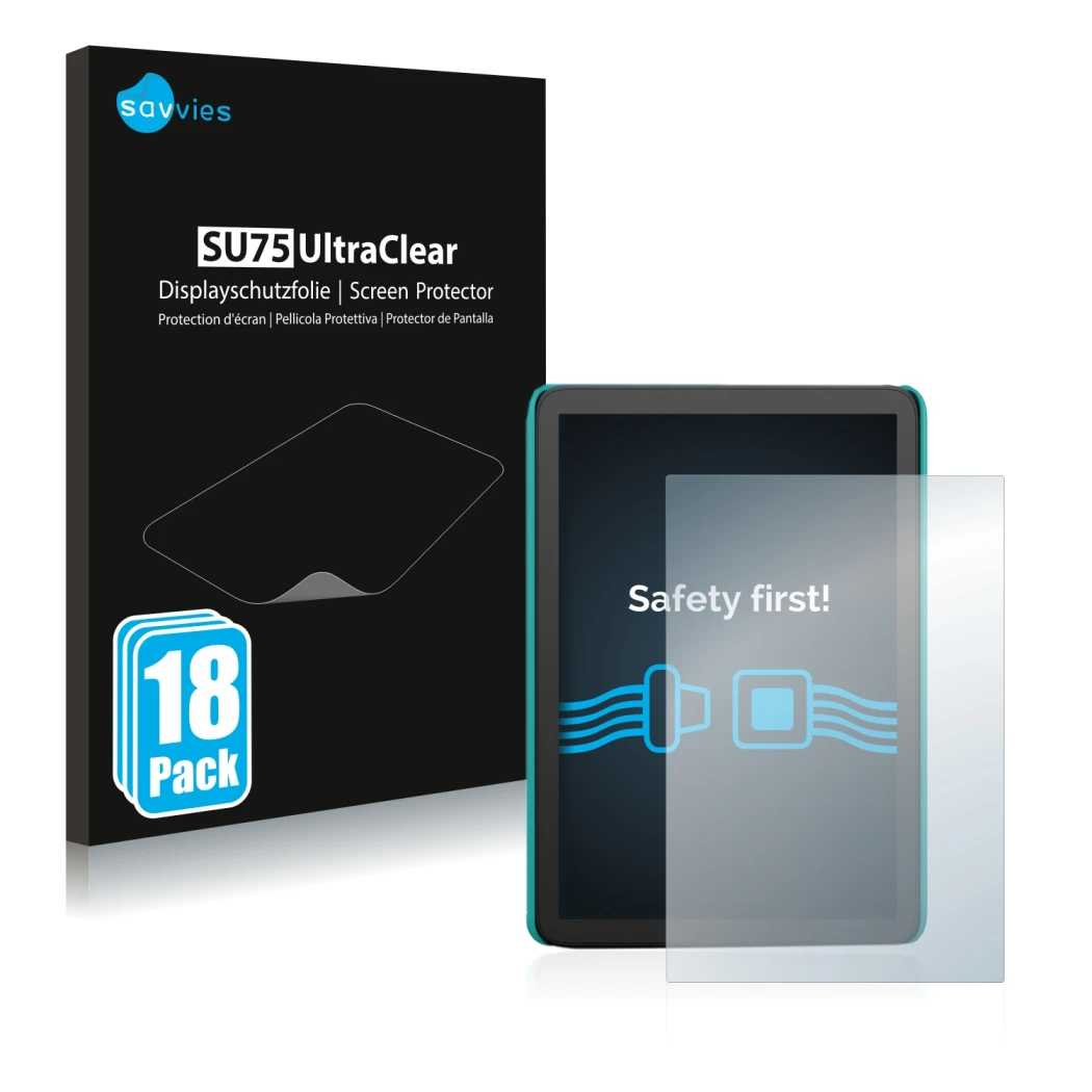 Parte frontal de un envase de producto con el logotipo de la marca Savvies. Al lado se muestra el dispositivo Amazon Kindle Ki