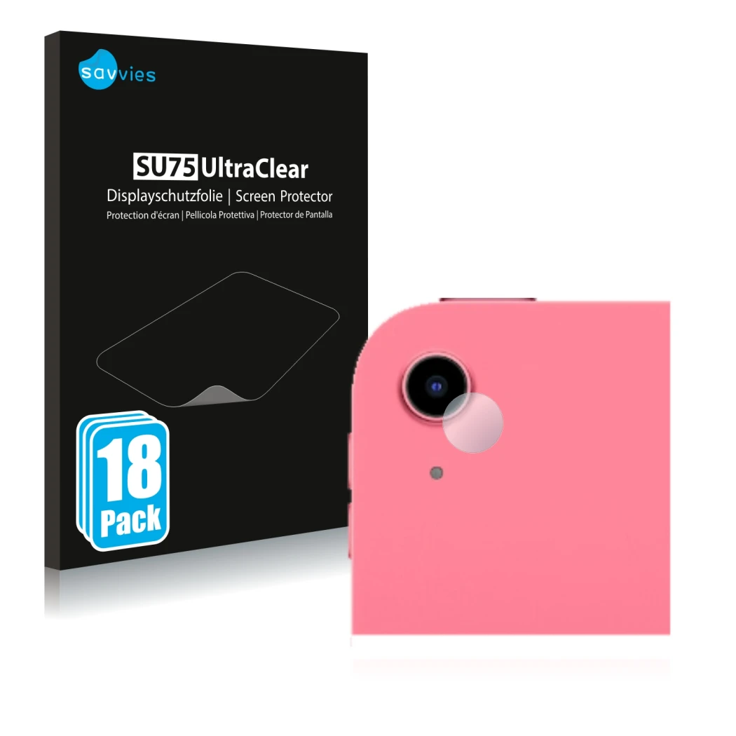 Parte frontal de un envase de producto con el logotipo de la marca Savvies. Al lado se muestra el dispositivo Apple iPad 10.9