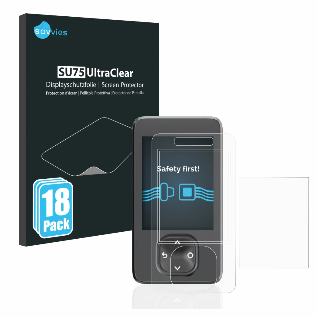 Parte frontal de un envase de producto con el logotipo de la marca Savvies. Al lado se muestra el dispositivo Dexcom G7 CGM co
