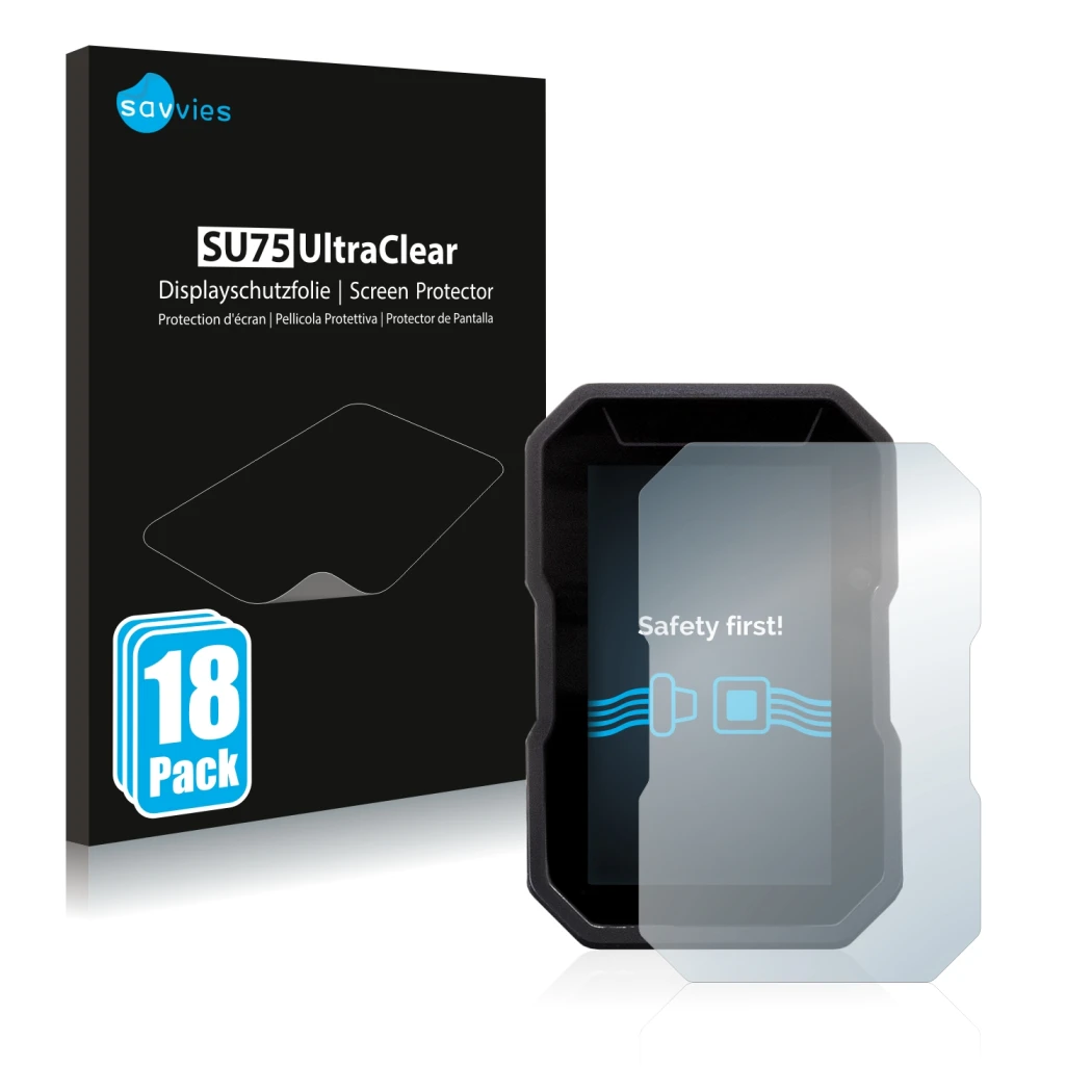 Parte frontal de un envase de producto con el logotipo de la marca Savvies. Al lado se muestra el dispositivo Ducati DesertX 2