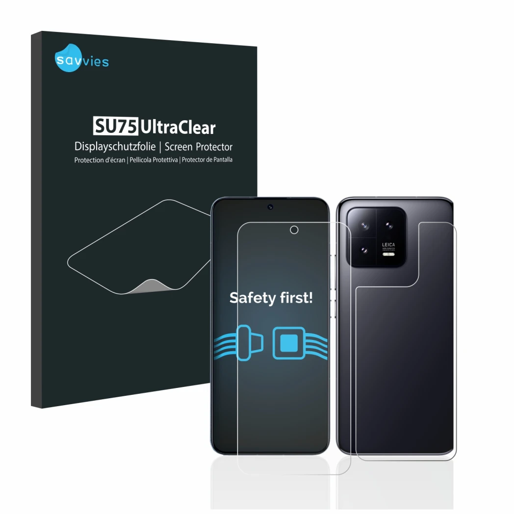 Parte frontal de un envase de producto con el logotipo de la marca Savvies. Al lado se muestra el dispositivo Xiaomi 13 (Front