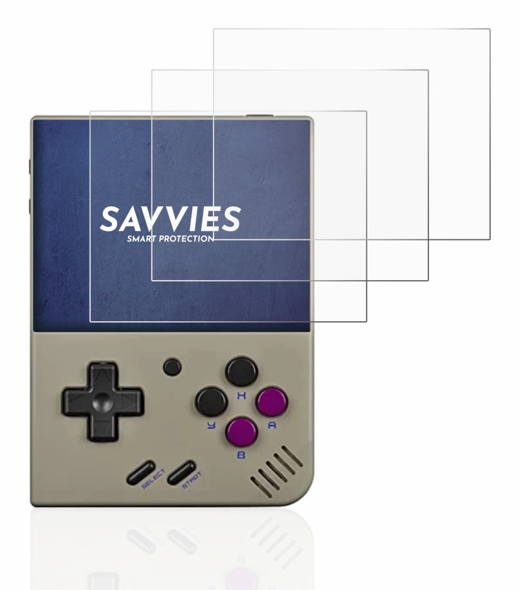 Imagen del dispositivo Miyoo Mini Plus con una amplia variedad de protectores de pantalla.