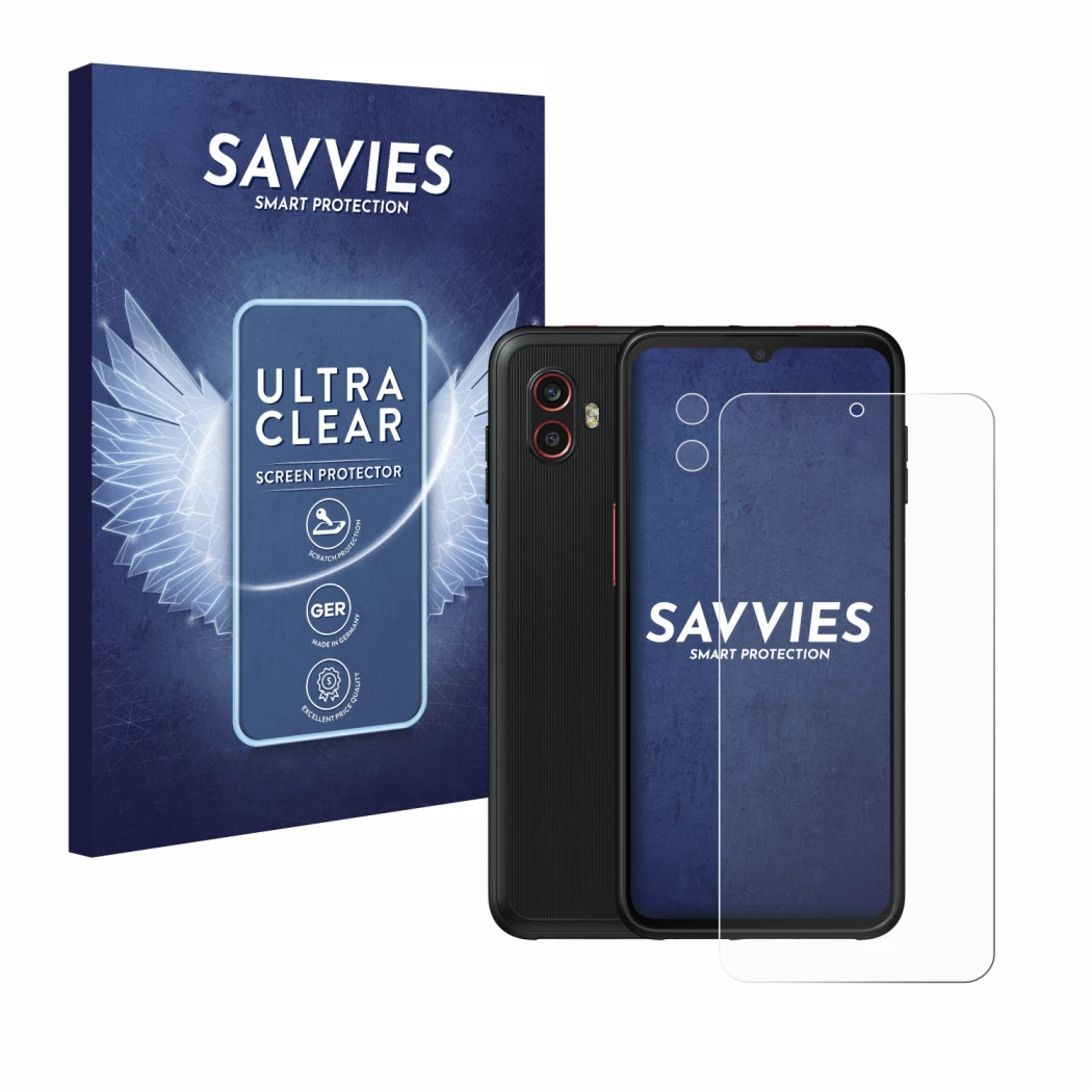 Parte frontal de un envase de producto con el logotipo de la marca Savvies. Al lado se muestra el dispositivo Samsung Galaxy X