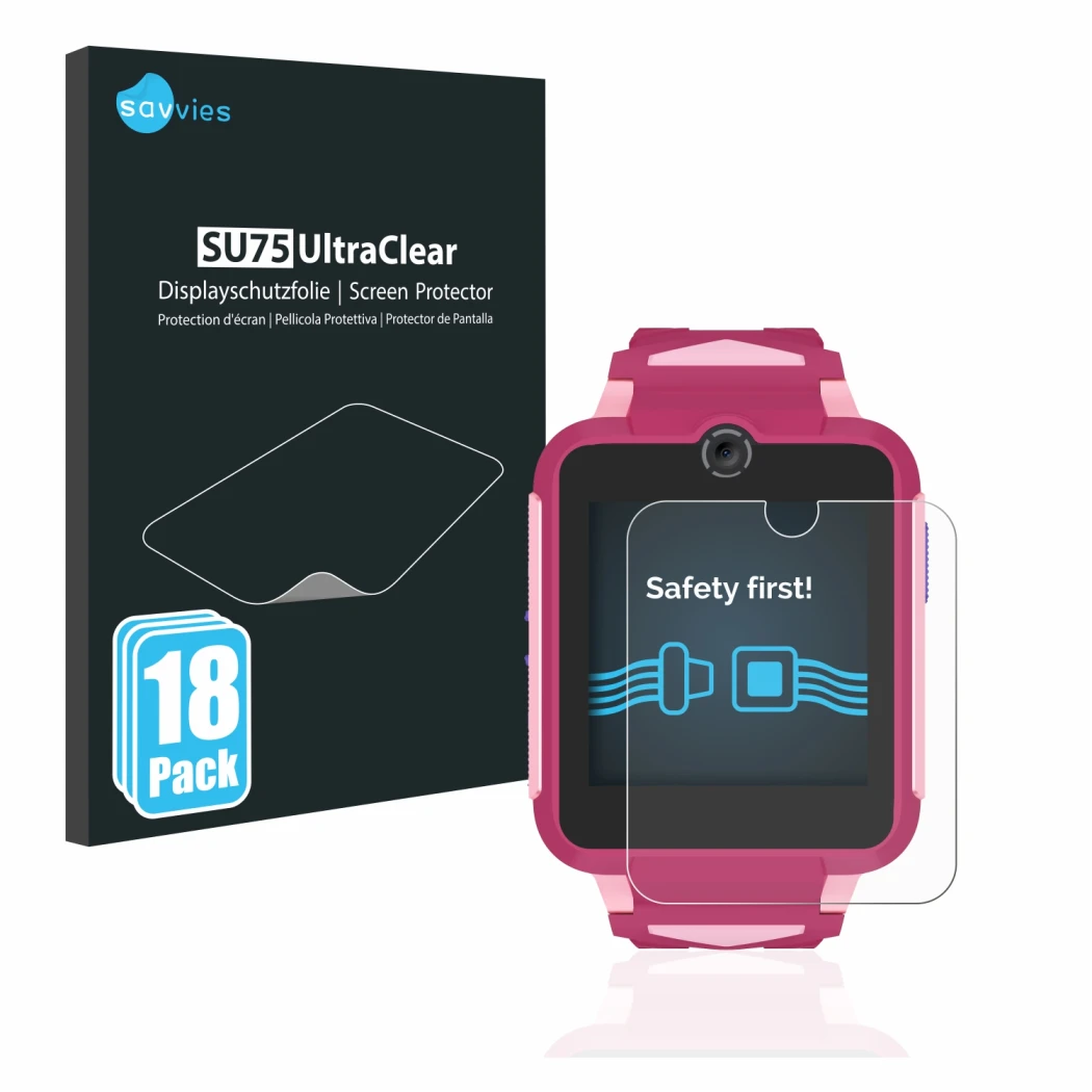 Parte frontal de un envase de producto con el logotipo de la marca Savvies. Al lado se muestra el dispositivo TCL Movetime Fam