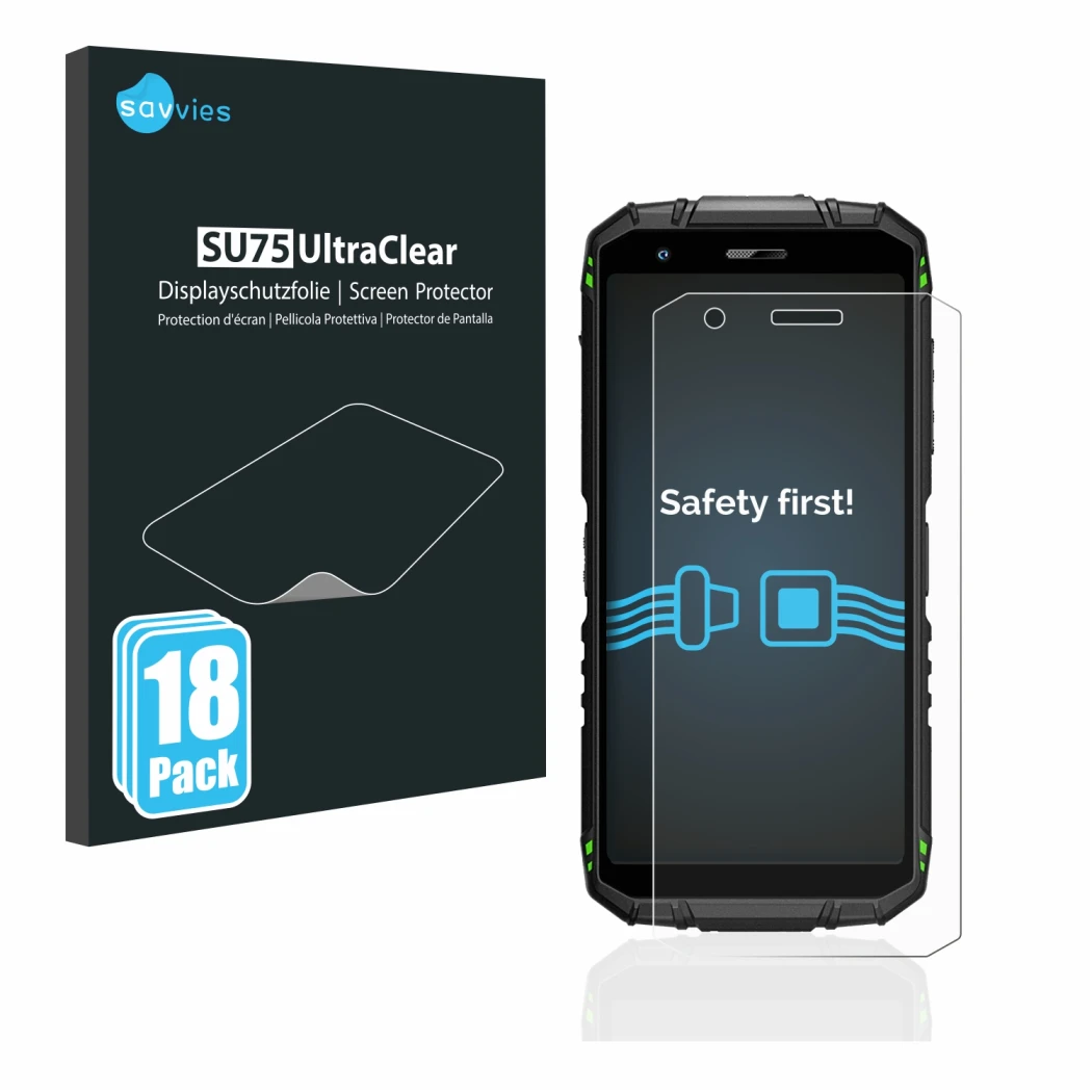 Parte frontal de un envase de producto con el logotipo de la marca Savvies. Al lado se muestra el dispositivo Doogee S41 Pro c