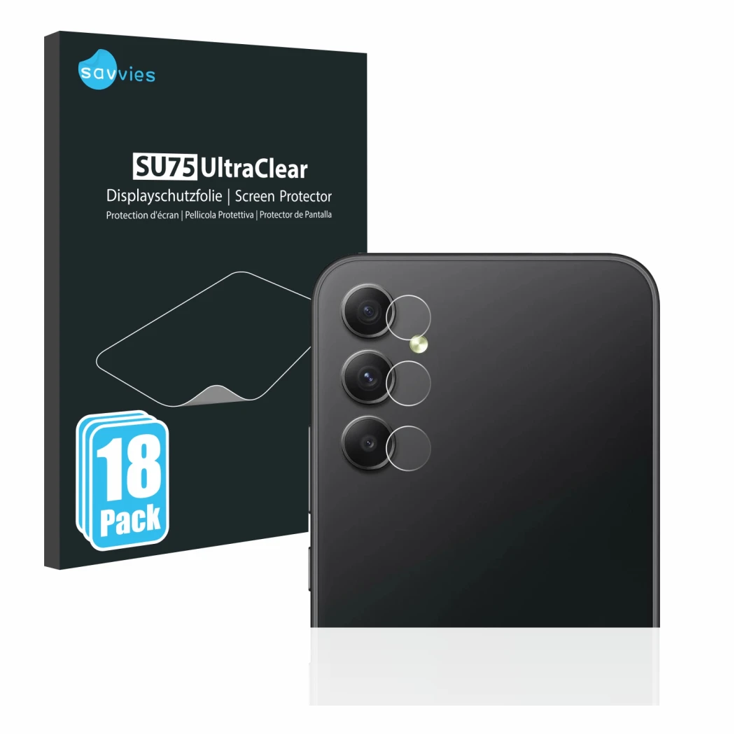 Parte frontal de un envase de producto con el logotipo de la marca Savvies. Al lado se muestra el dispositivo Samsung Galaxy A