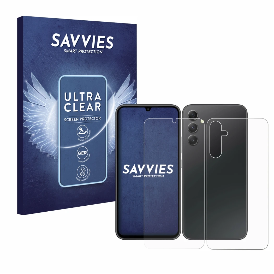 Parte frontal de un envase de producto con el logotipo de la marca Savvies. Al lado se muestra el dispositivo Samsung Galaxy A
